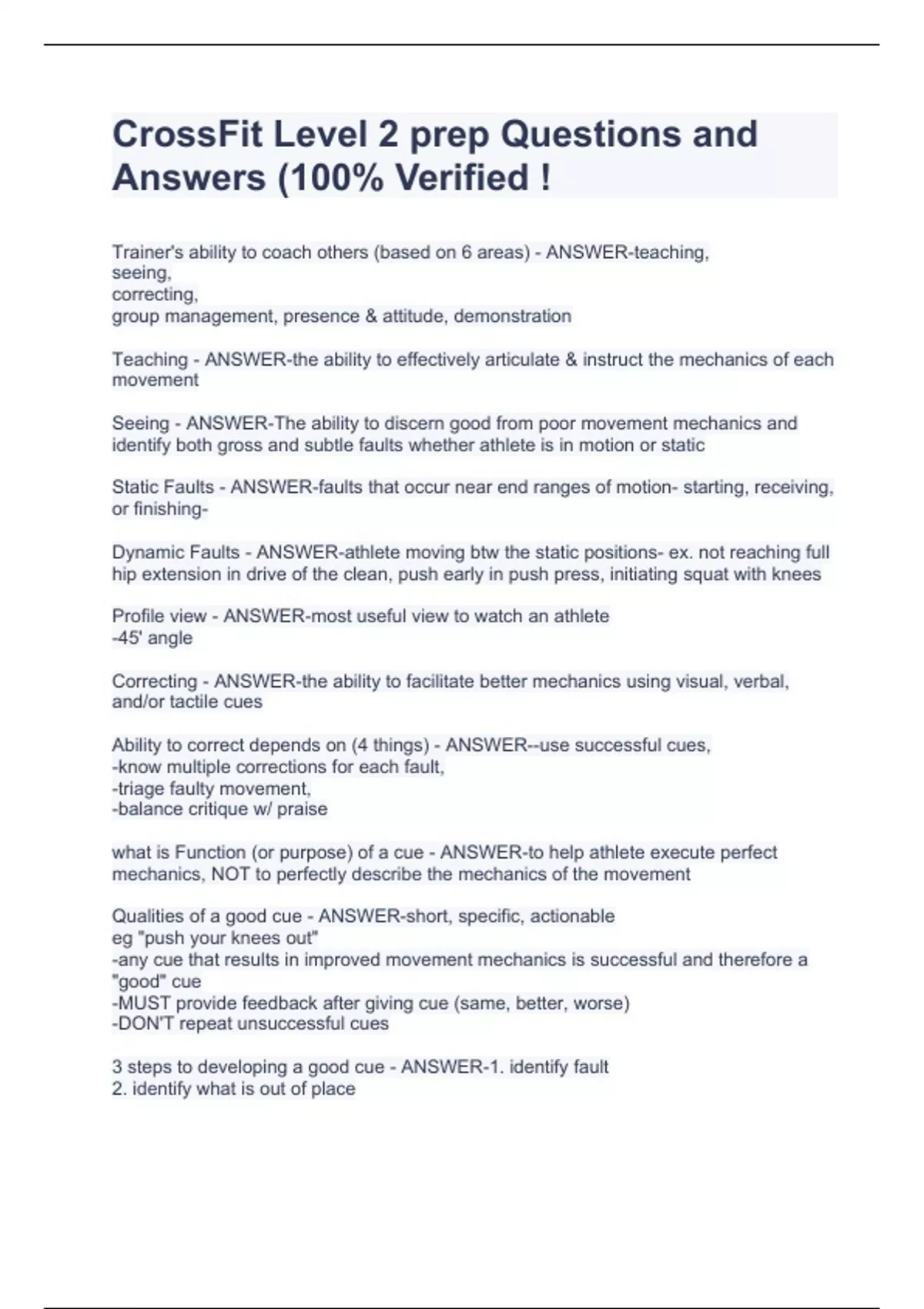 Crossfit level 1 certification Exam Questions and Answers (100 Correct