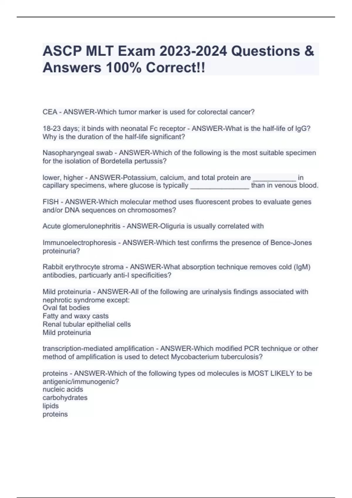 ASCP MLT Exam Questions & Answers 100 Correct!! ASCP MLT Stuvia US