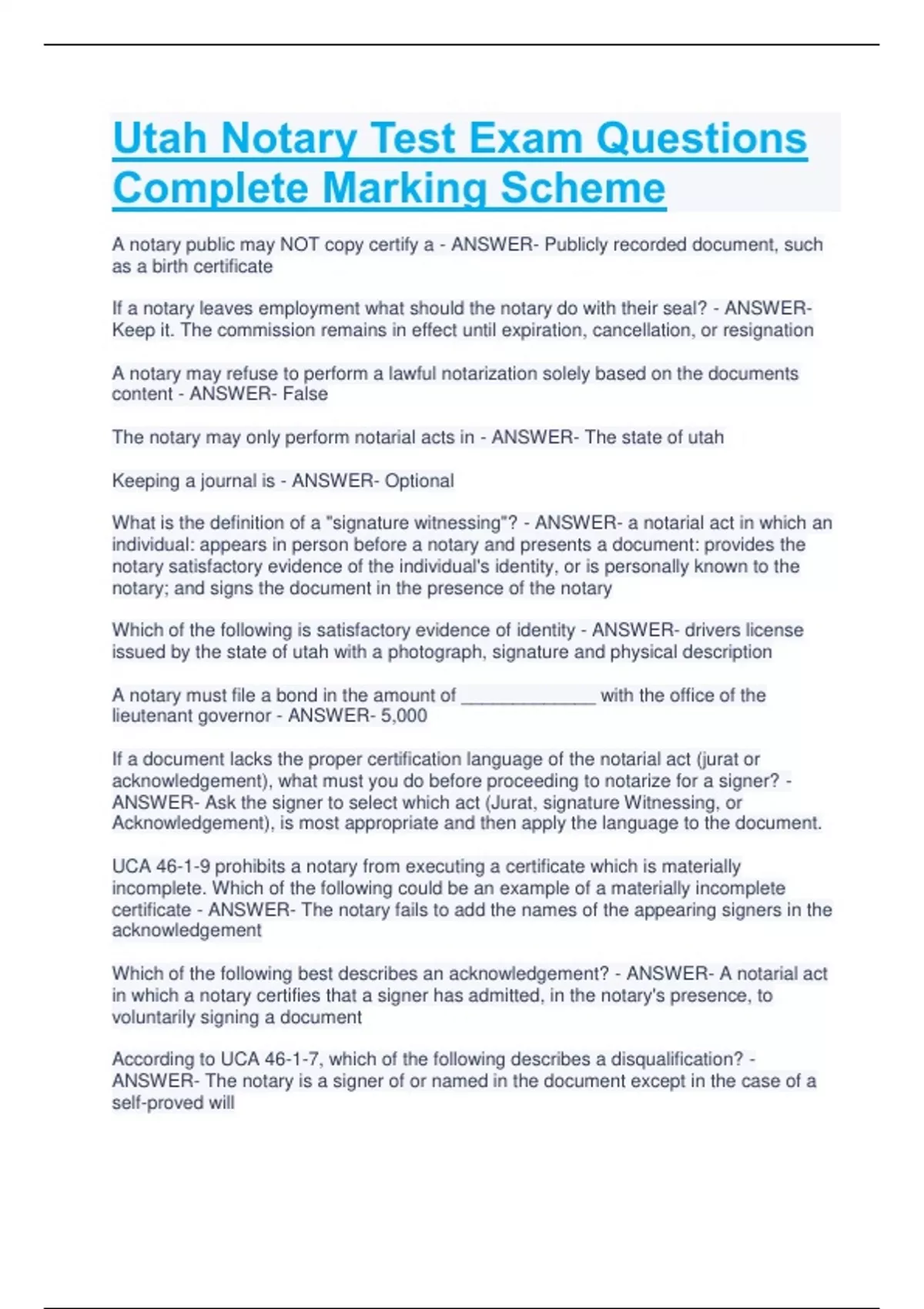 Utah Notary Test Exam Questions Complete Marking Scheme Stuvia US