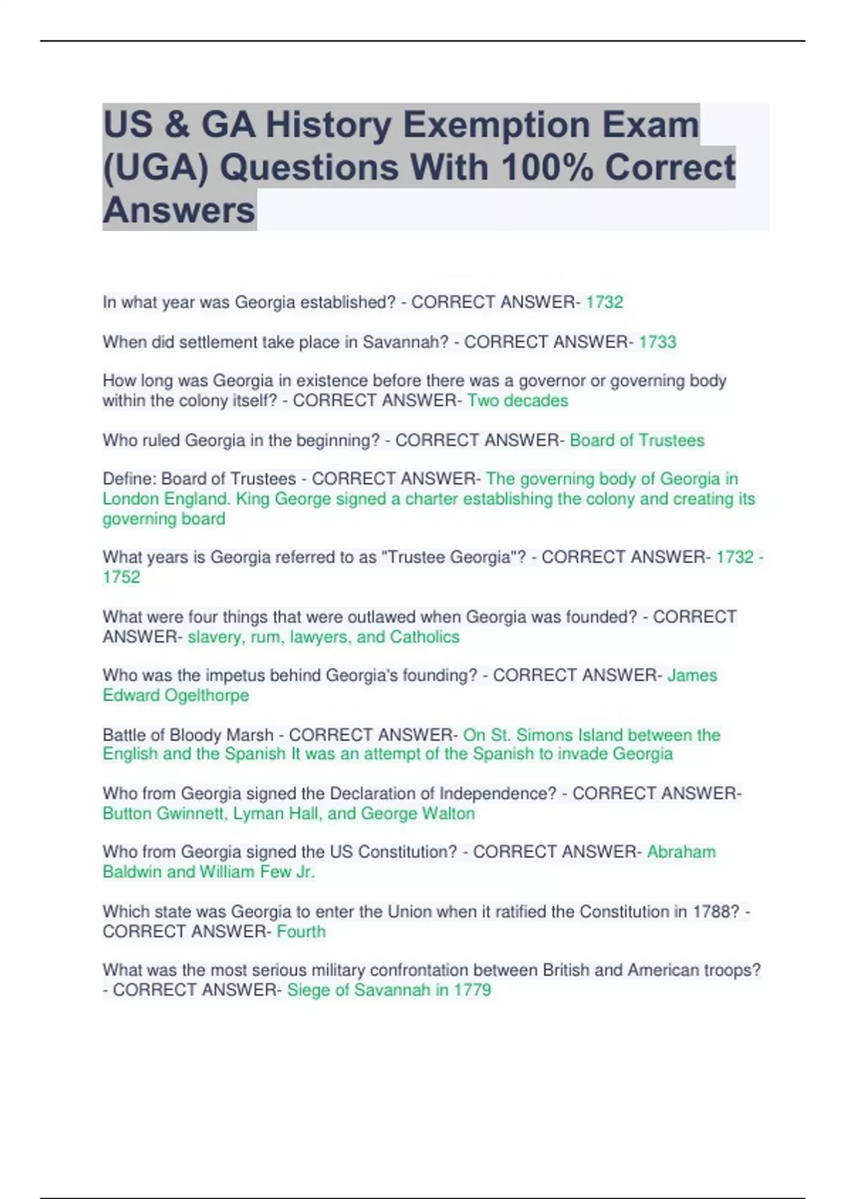 US & GA History Exemption Exam (UGA) Questions With 100 Correct