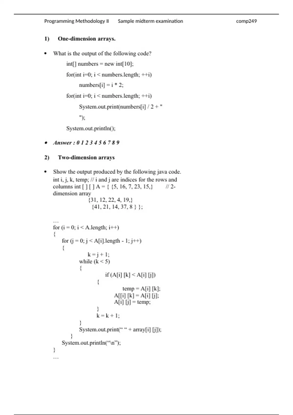 COMP 249 Programming Methodology II Sample midterm examination 2024 ...