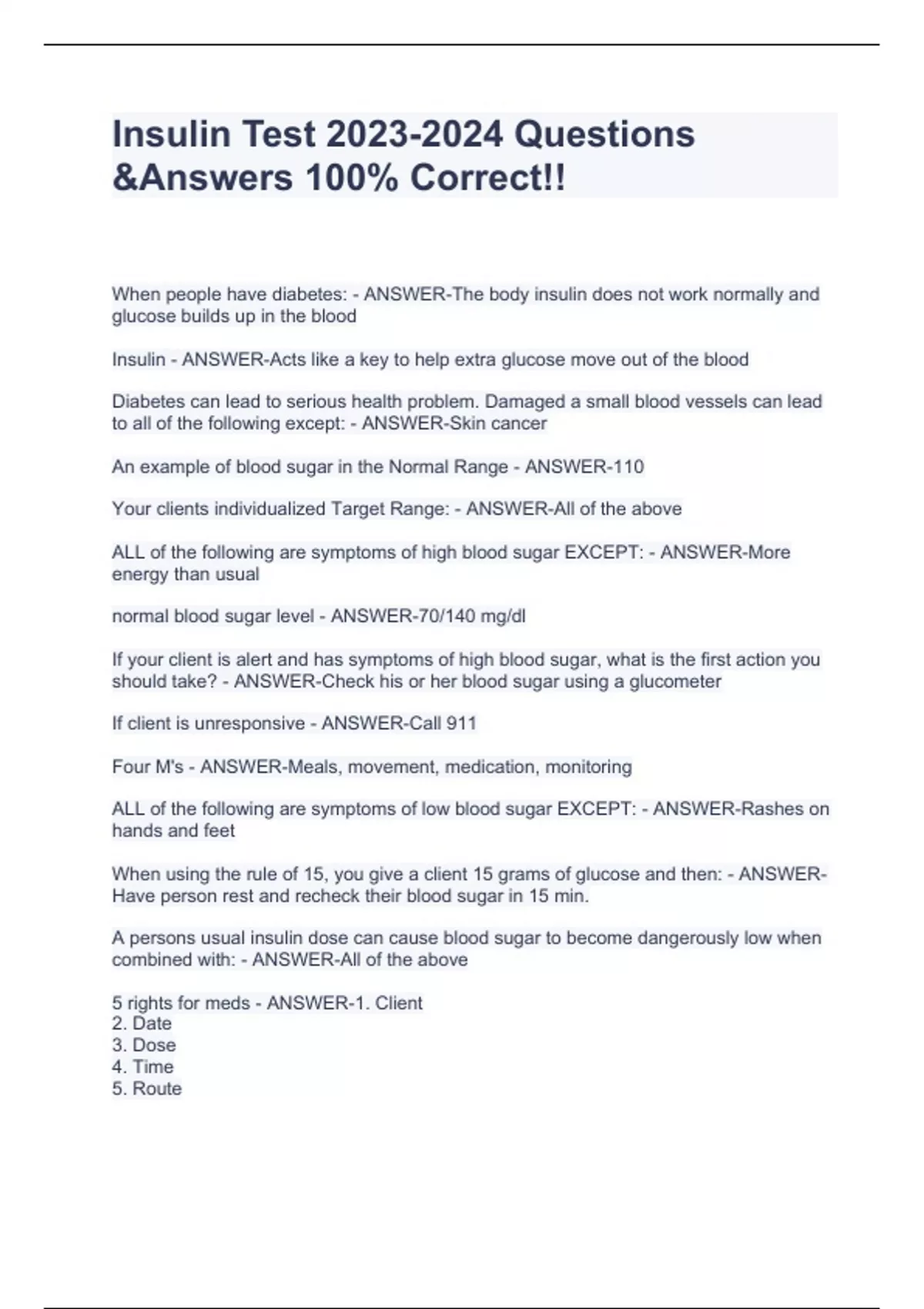 Insulin Test Questions &Answers 100 Correct!! QMA insulin