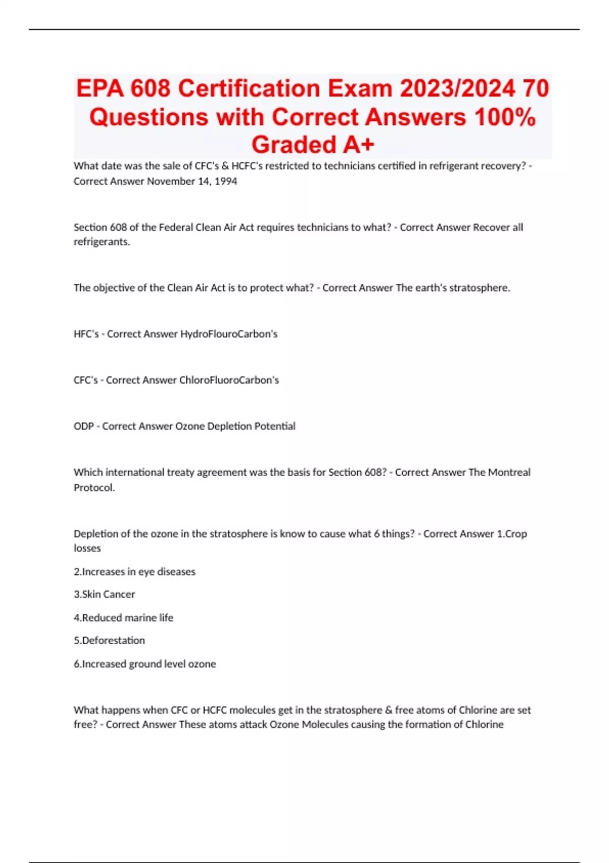 EPA 608 Certification Exam 2023/2024 70 Questions with Correct Answers