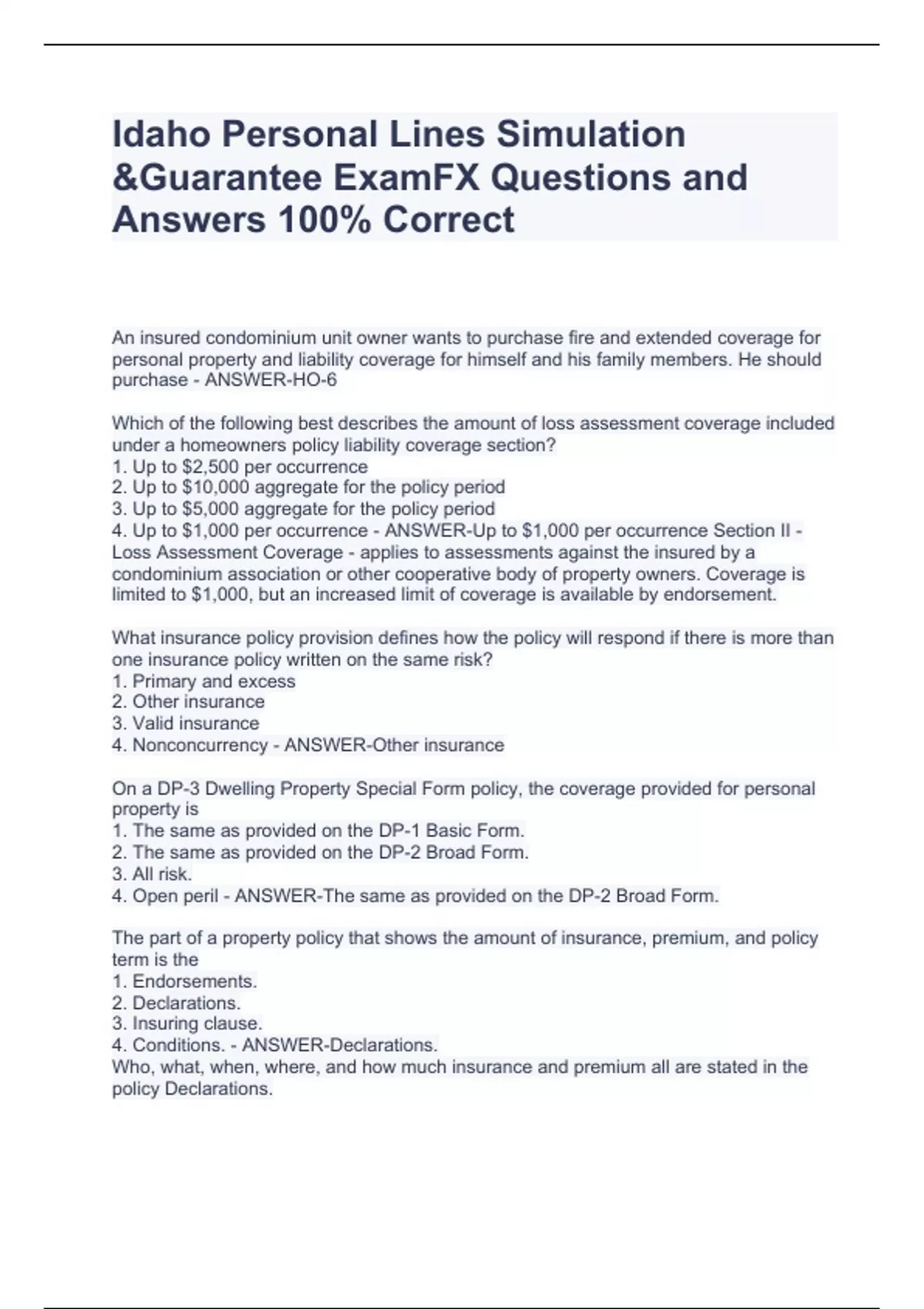 Idaho Personal Lines Simulation &Guarantee ExamFX Questions and Answers