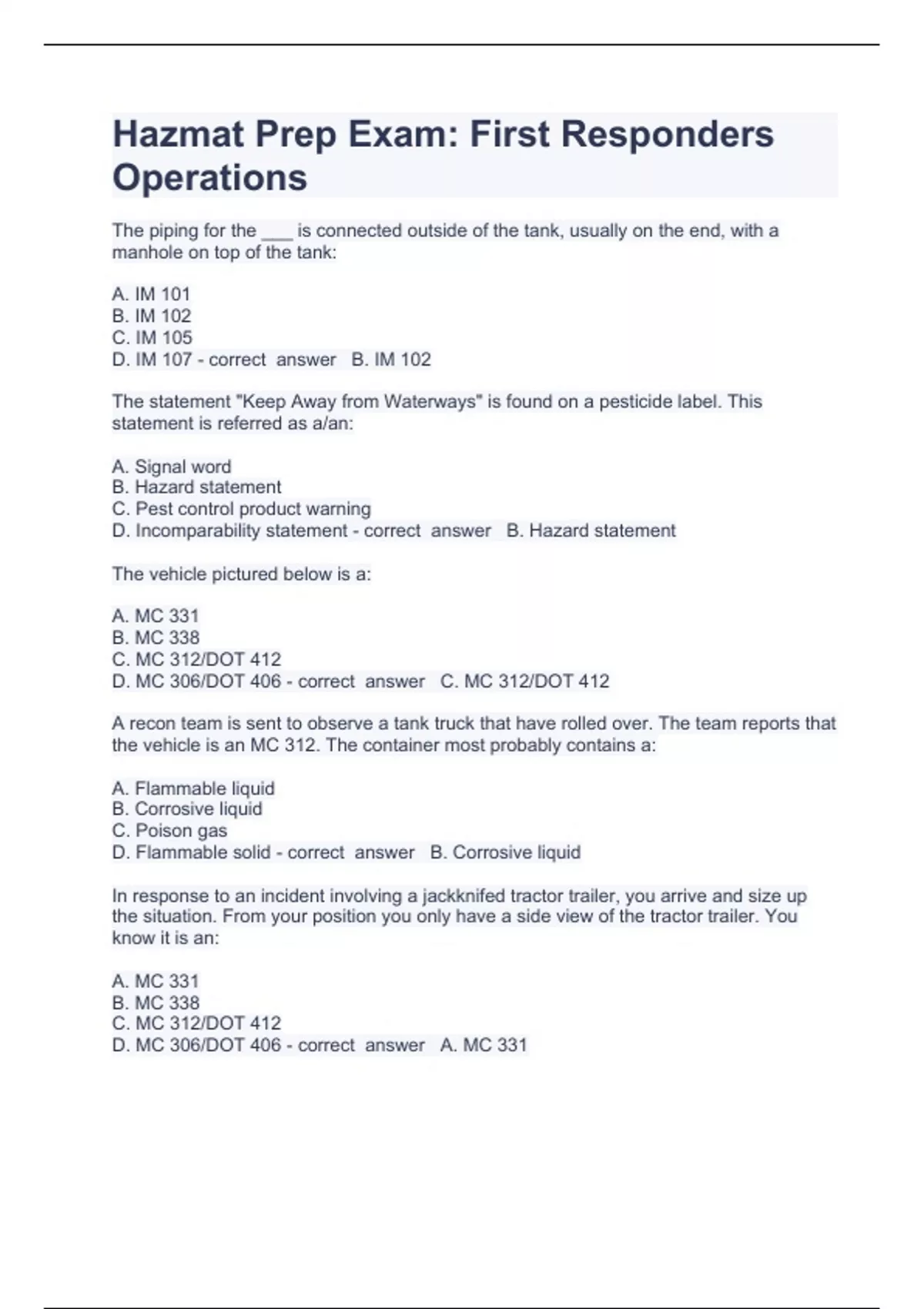 Hazmat Prep Exam Question and answers 100 correct 2023/2024 Stuvia US