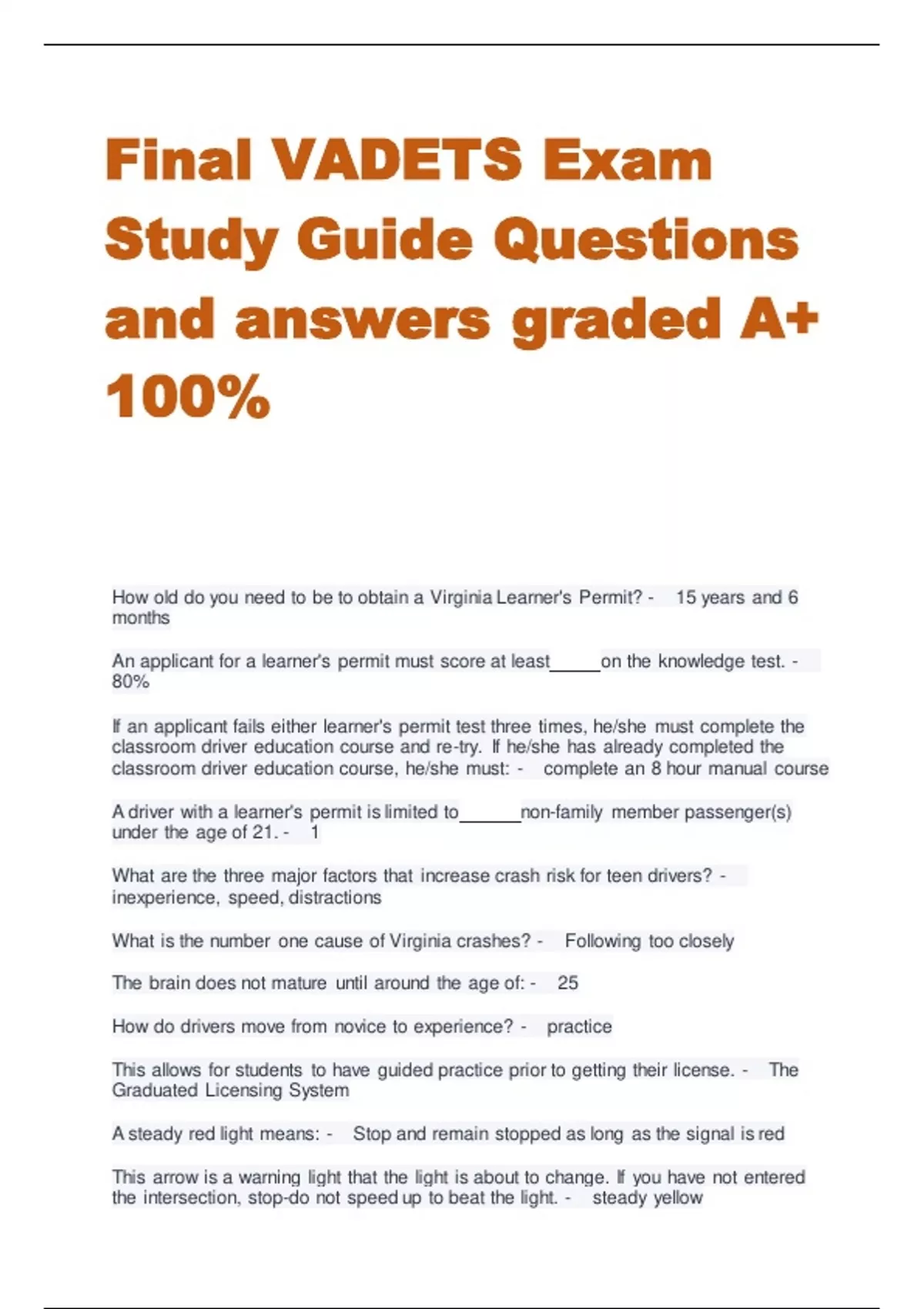 Final VADETS Exam Study Guide Questions and answers graded A+ 100