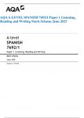 AQA A-LEVEL SPANISH 7692&sol;1 Paper 1 Listening&comma; Reading and Writing Mark Scheme June 2023