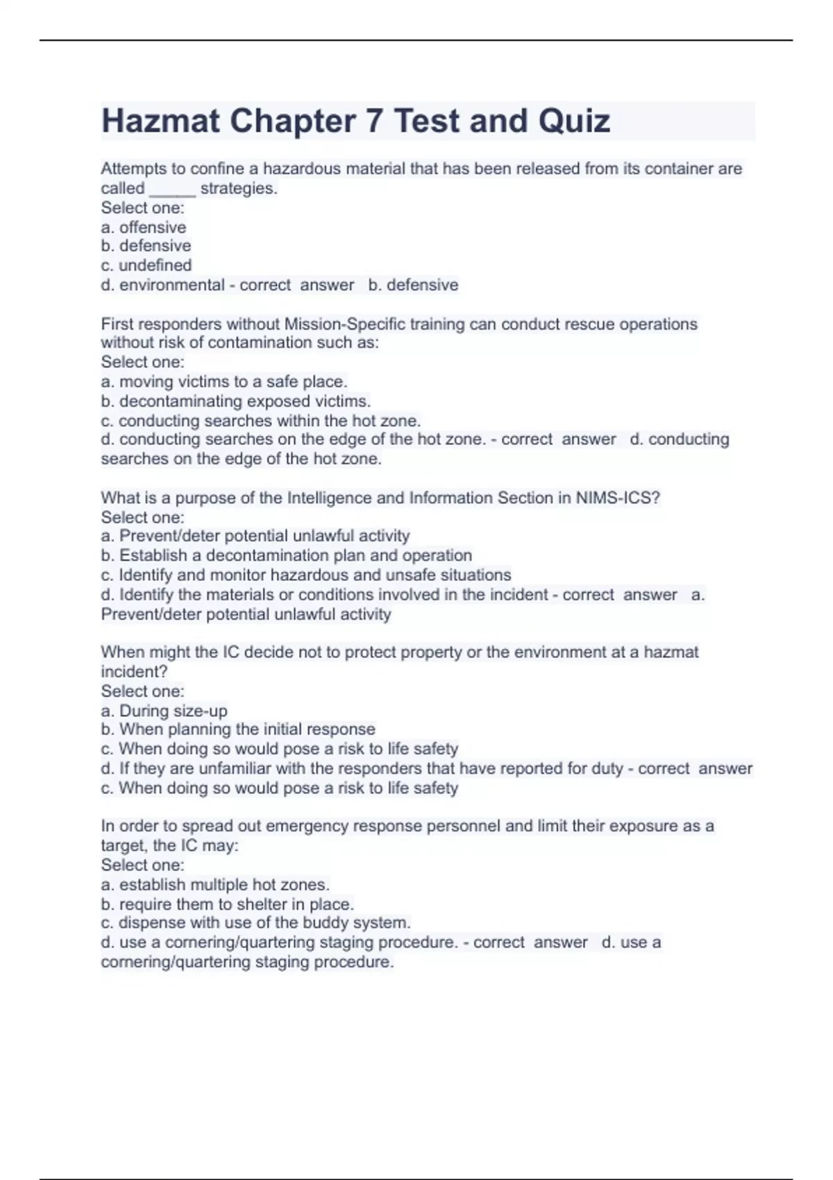 Hazmat Chapter 7 Test and Quiz Question and answers rated A+ 2023/2024