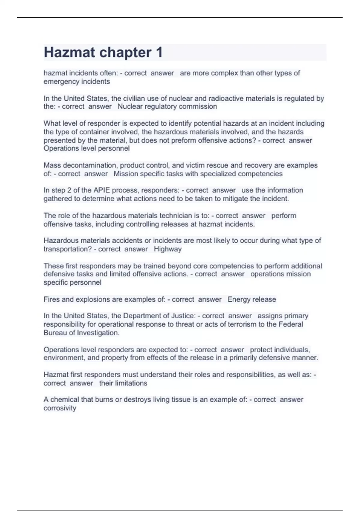 Hazmat chapter 1 Question and answers correctly solved 2023/2024