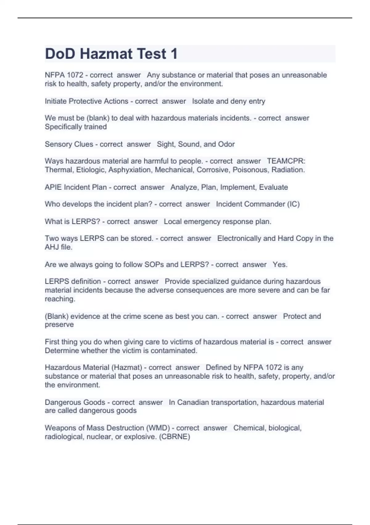 DoD Hazmat Test 1 Question and answers 2023/2024 verified to pass