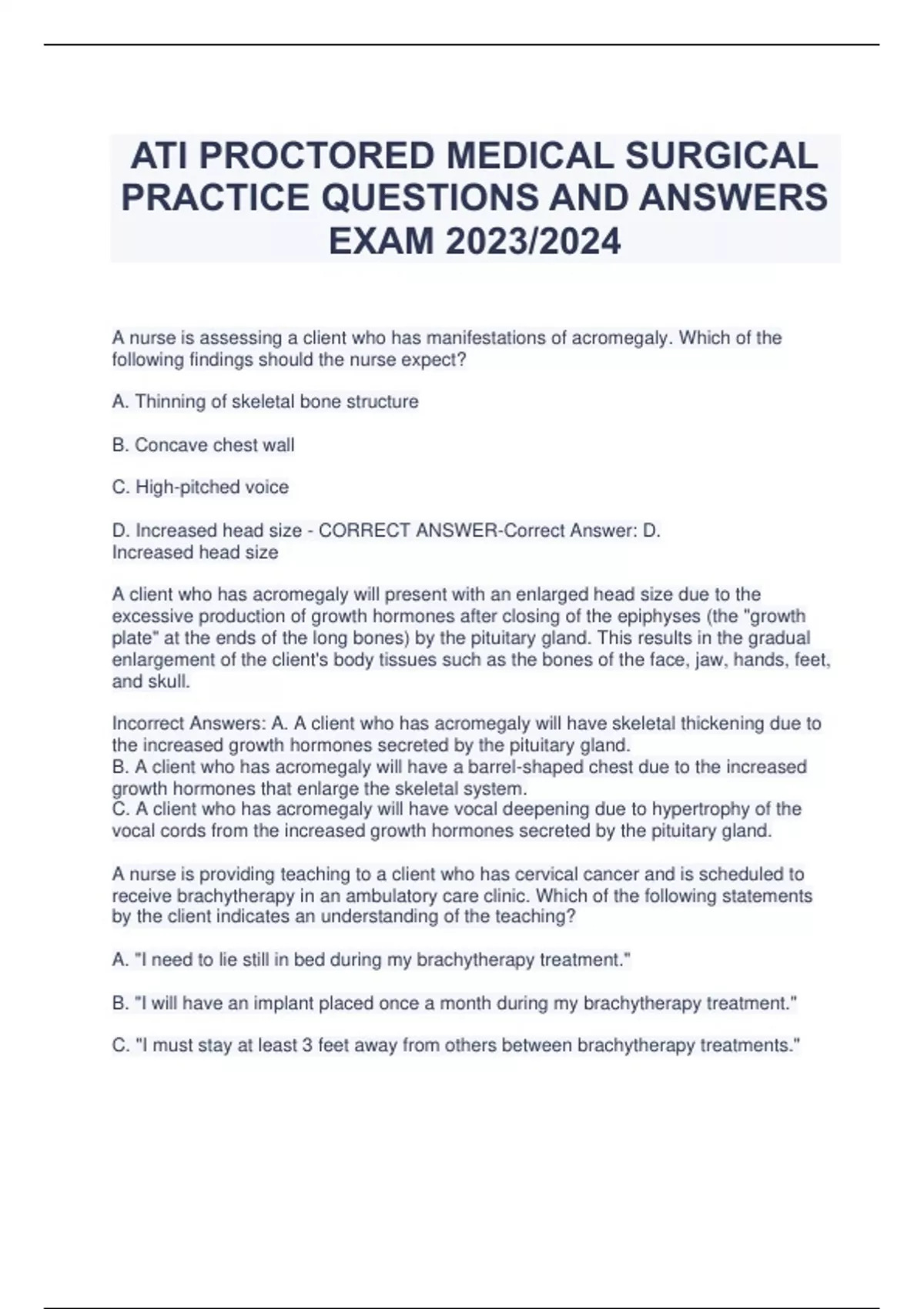 ATI PROCTORED MEDICAL SURGICAL PRACTICE QUESTIONS AND ANSWERS EXAM 2023