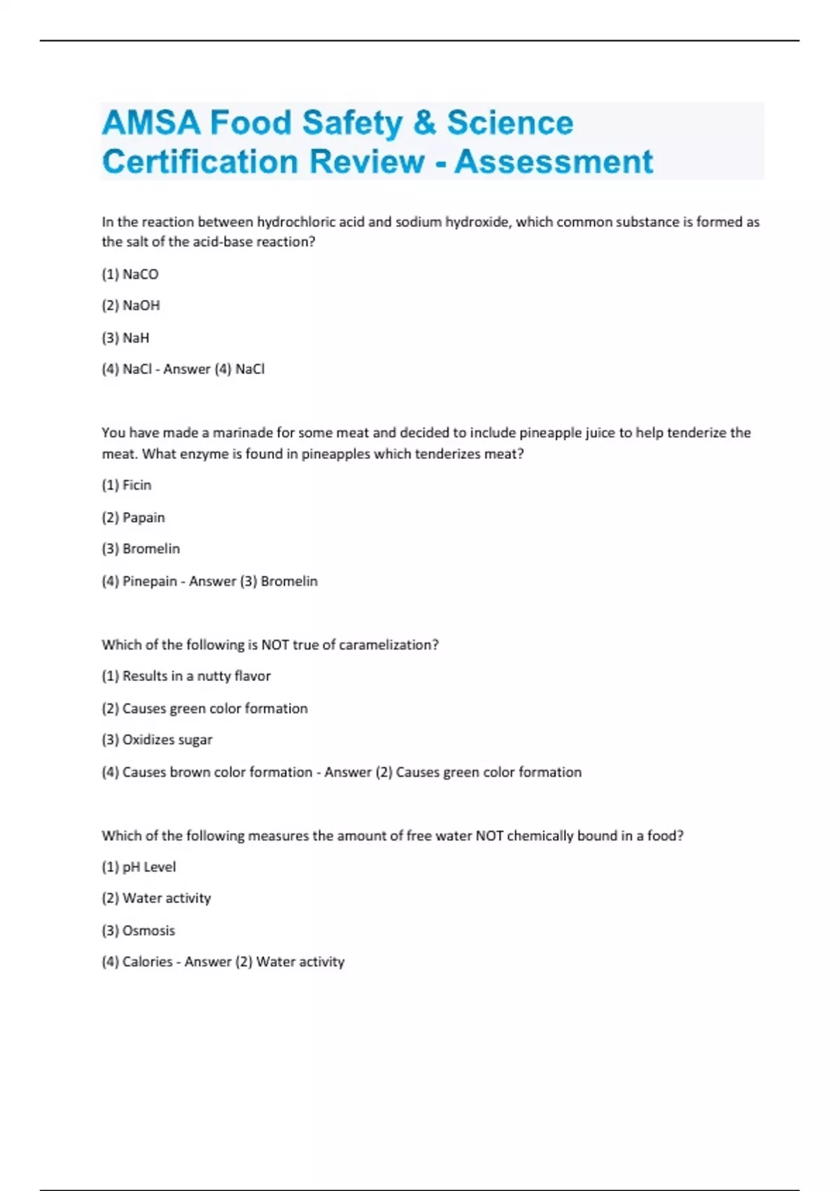 AMSA Food Safety Science Certification Review Assessment Questions