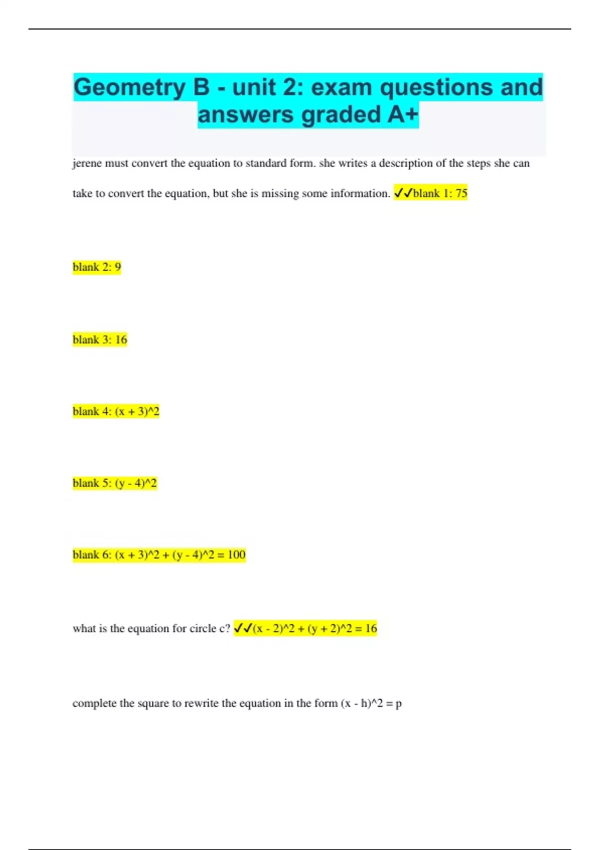 Geometry B - unit 2: exam questions and answers graded A+ - Geometry B ...
