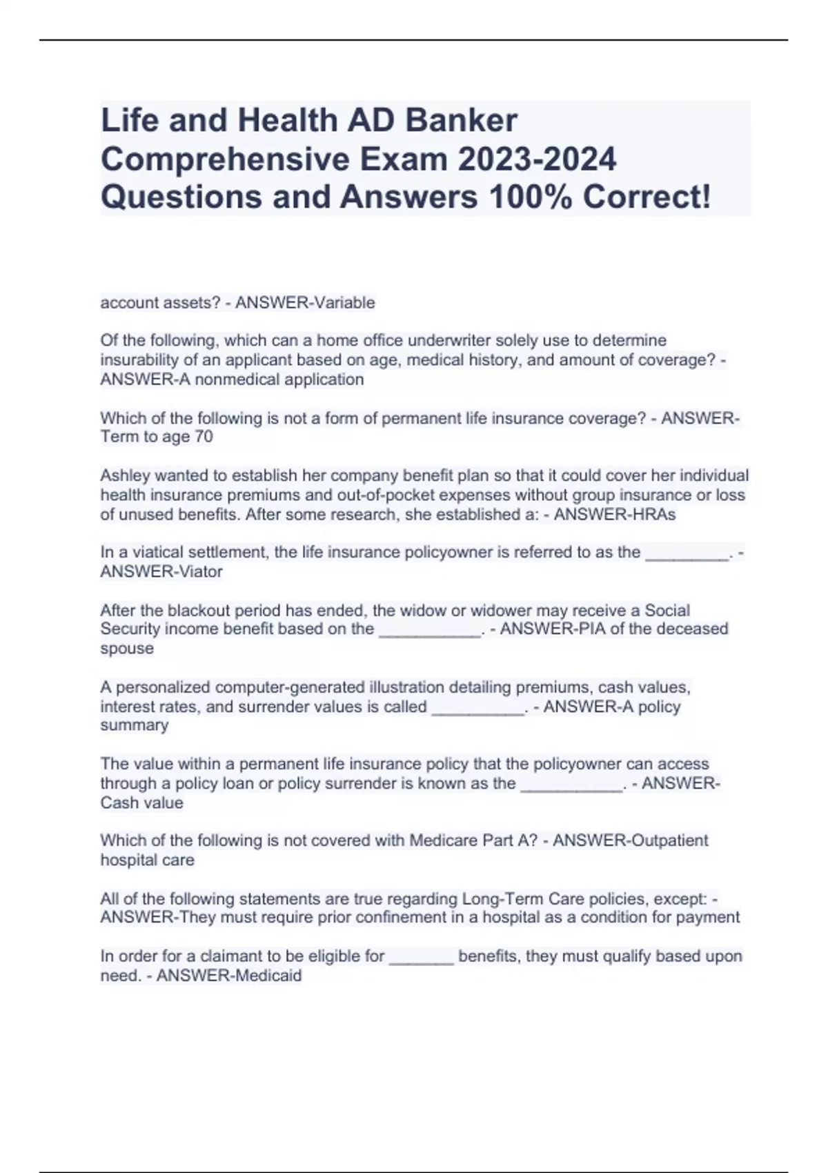 Life and Health AD Banker Comprehensive Exam Questions and Answers 100