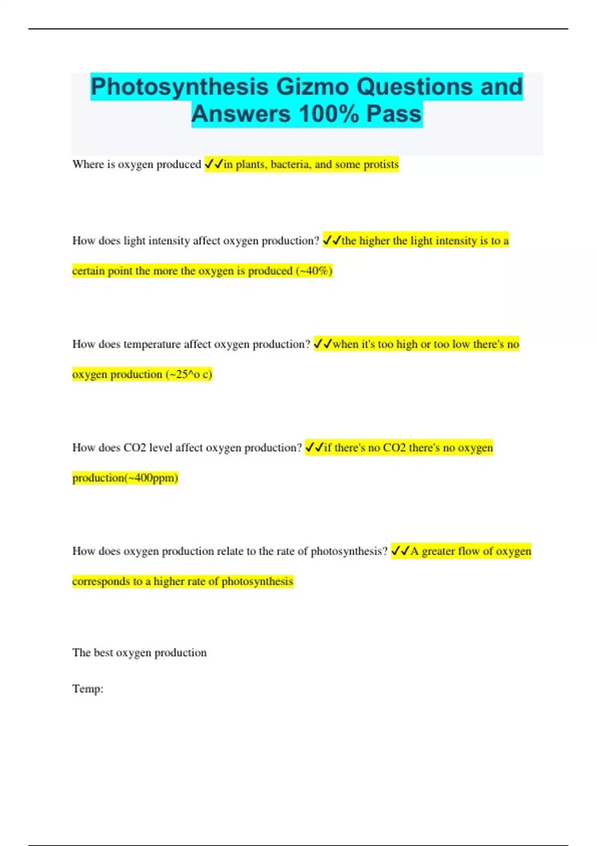 Photosynthesis Gizmo Questions and Answers 100 Pass Stuvia US
