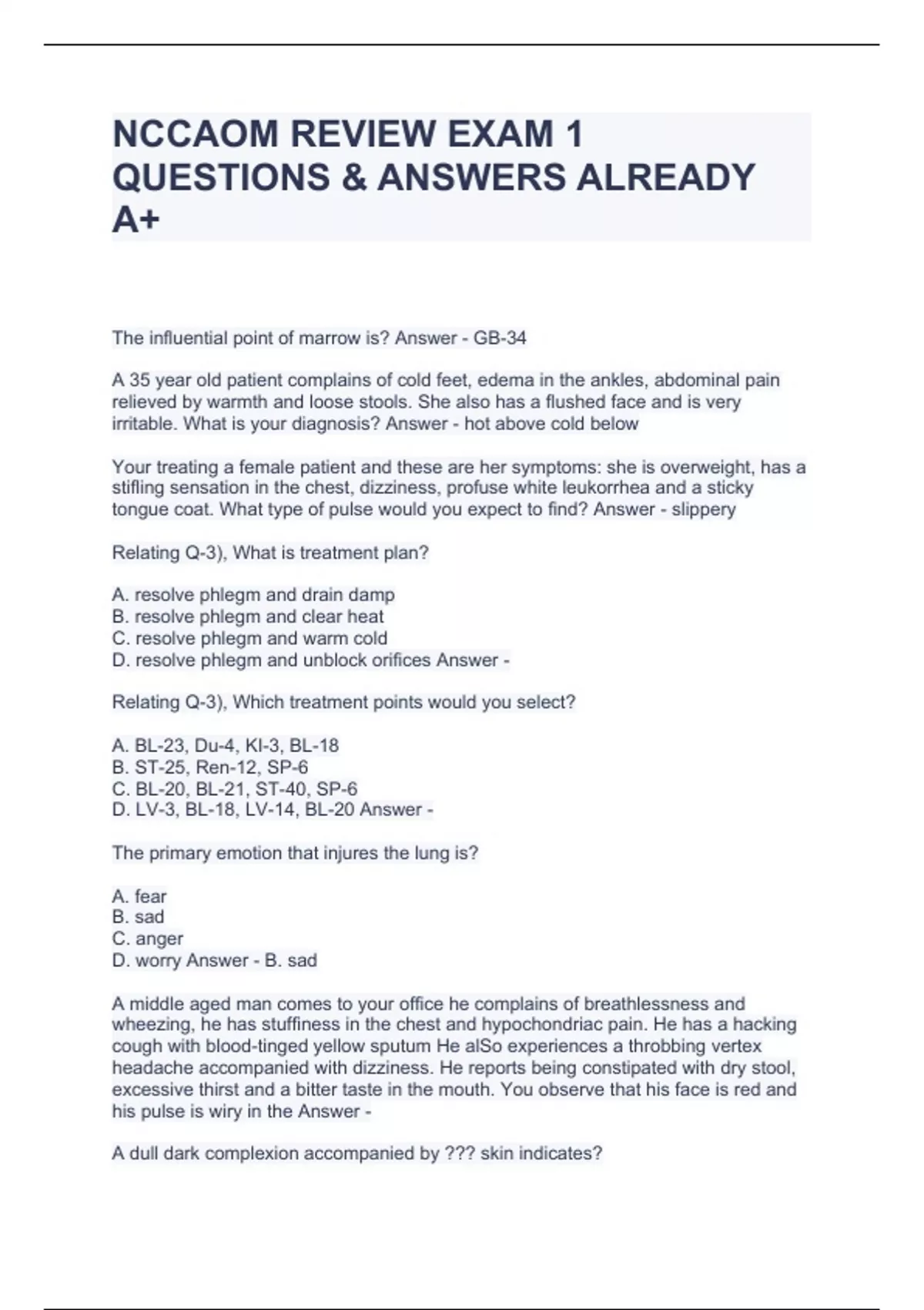 NCCAOM REVIEW EXAM 1 QUESTIONS & ANSWERS ALREADY A+ - NCCAOM - Stuvia US