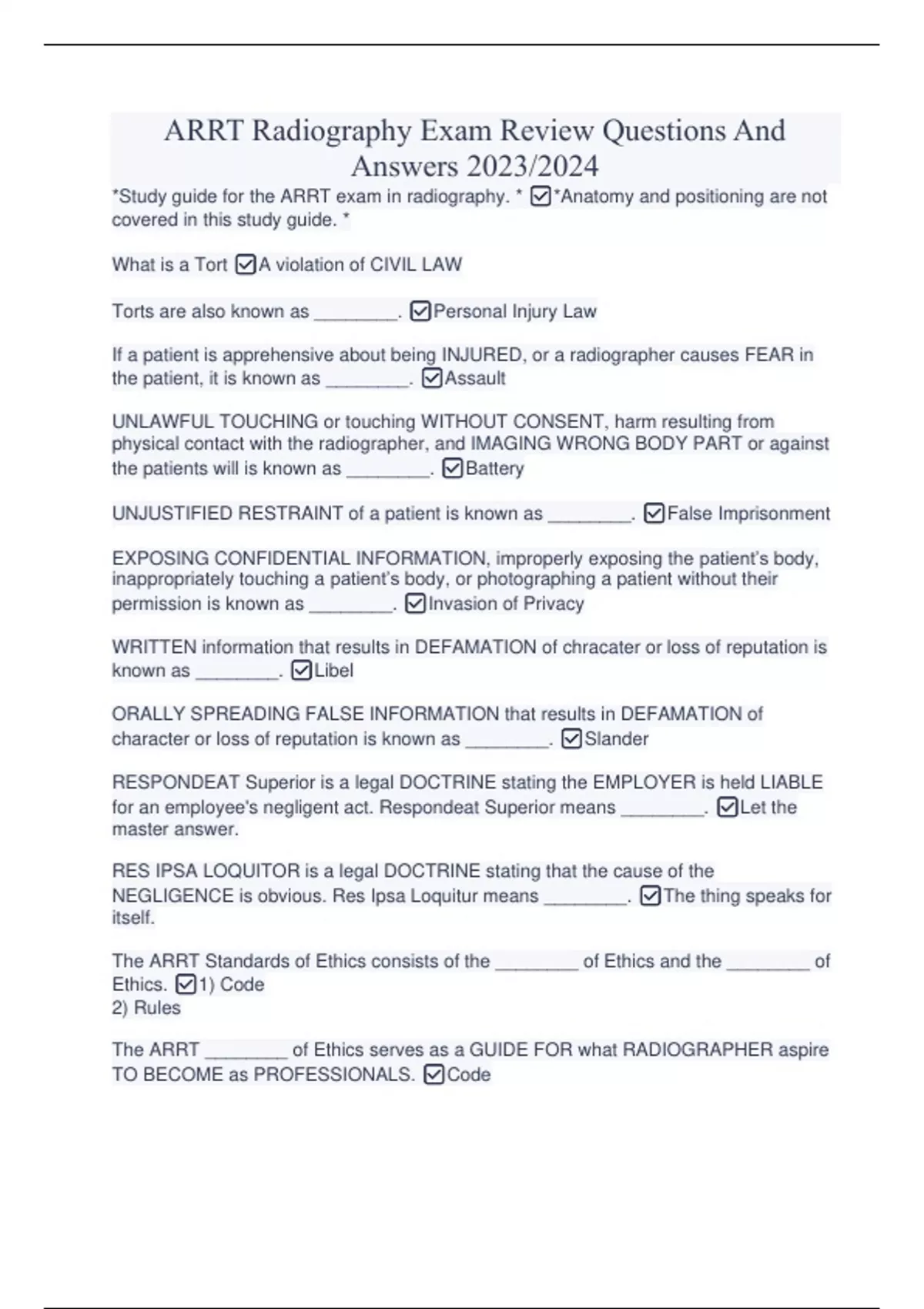 ARRT Radiography Exam Review Questions And Answers 2023/2024 Stuvia US