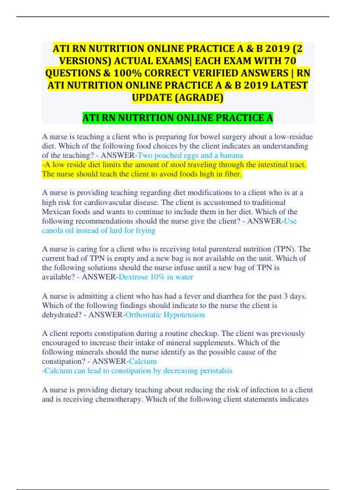 ATI RN NUTRITION ONLINE PRACTICE A & B 2019 (2 VERSIONS) ACTUAL EXAMS