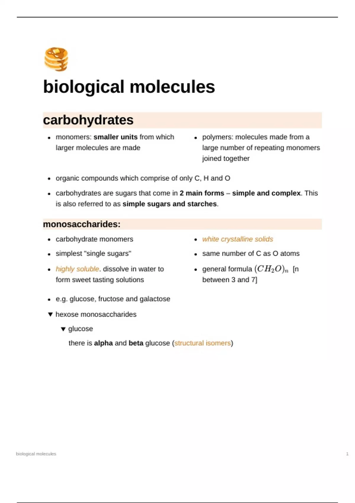 Biological Molecules (AQA Biology) A* notes - Unit 1 - Biological ...