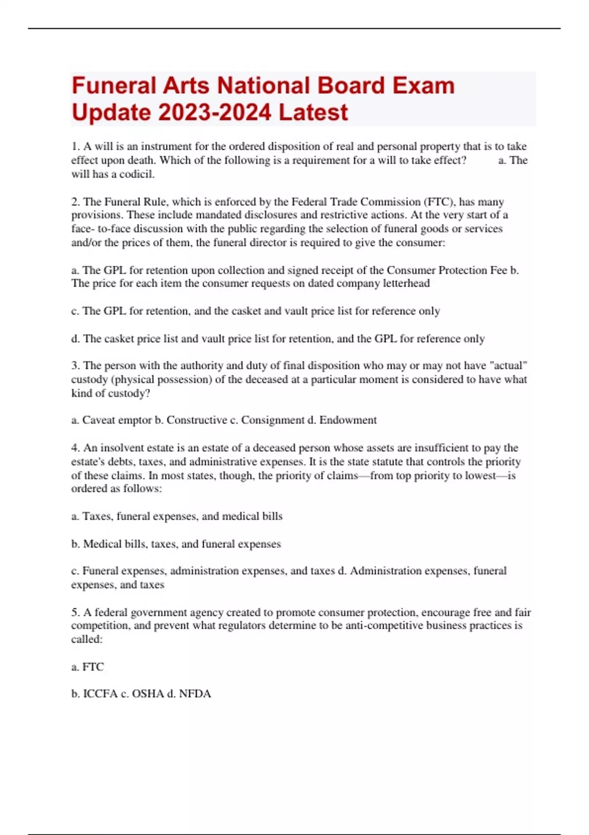 Funeral Arts National Board Exam Update Latest Stuvia US