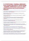 FL STATE EXAM - FUNERAL SERVICES Exam Update 2023-2024 FL STATE EXAM  - FUNERAL SERVICES Final Exam 2023- 2024 Questions and Correct Answers  Rated A&plus;