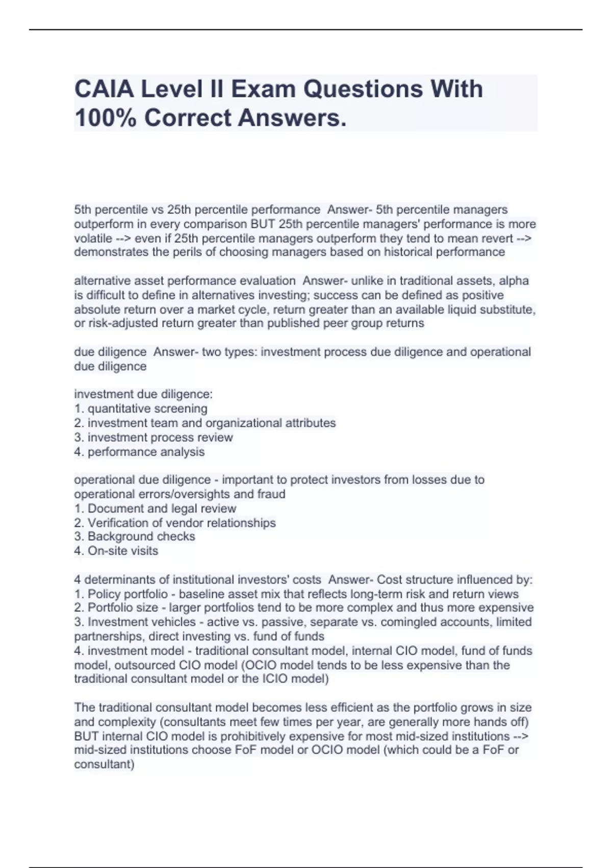 CAIA Level II Exam Questions With 100% Correct Answers. - CAIA