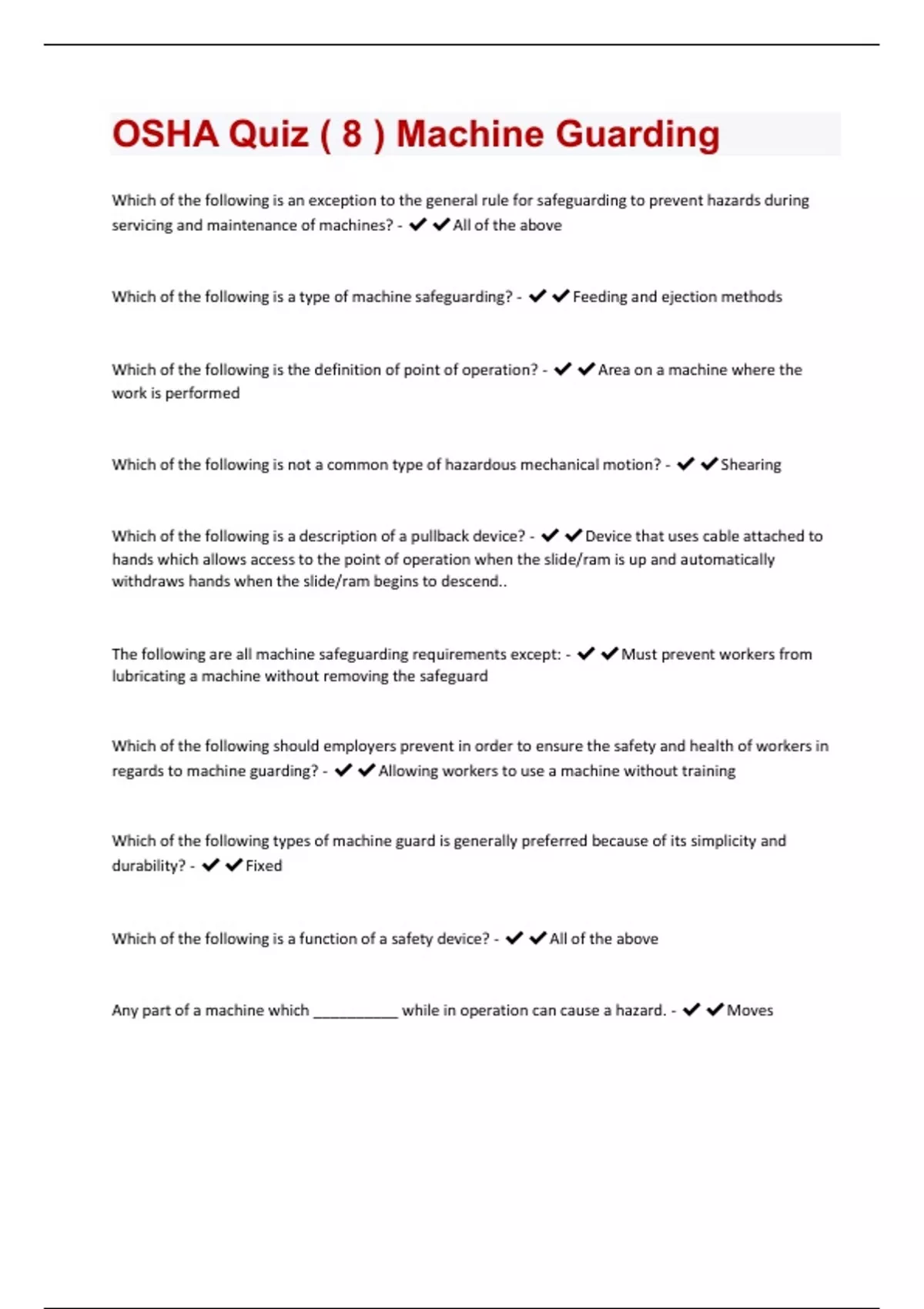 OSHA Quiz ( 8 ) Machine Guarding Questions and Answers(A+ Solution
