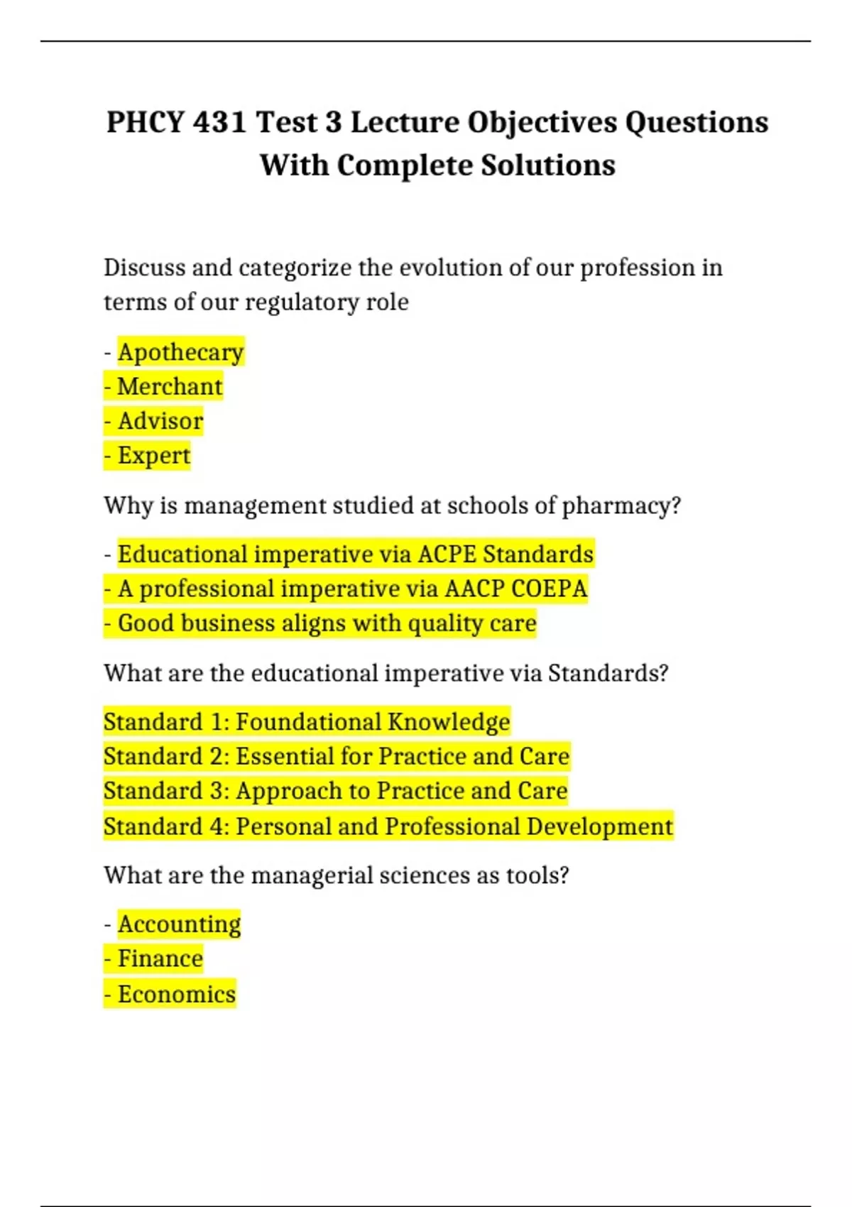 PHCY 431 Test 3 Lecture Objectives Questions With Complete Solutions ...
