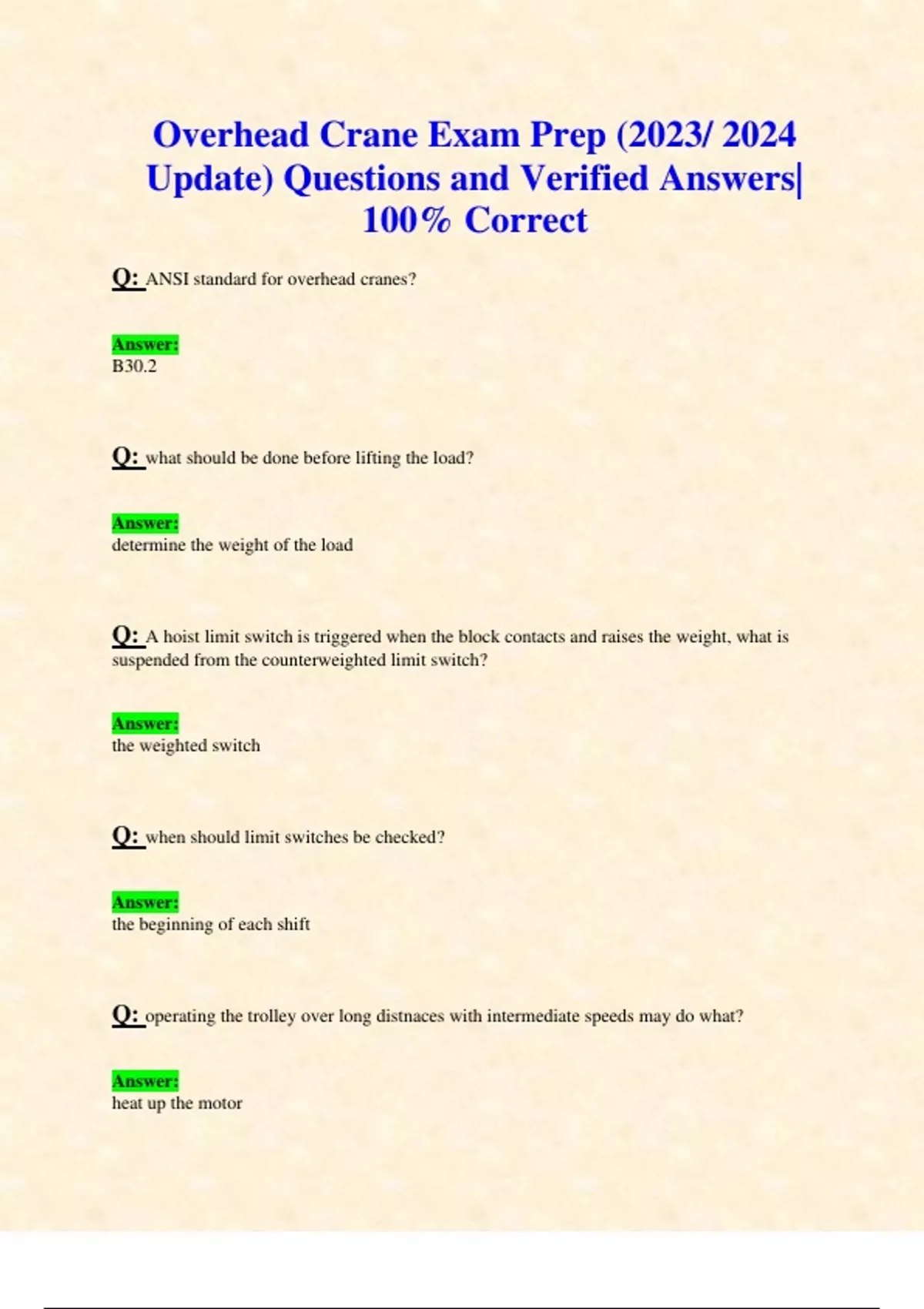 Overhead Crane Exam Prep (2023/ 2024 Update) Questions and Verified