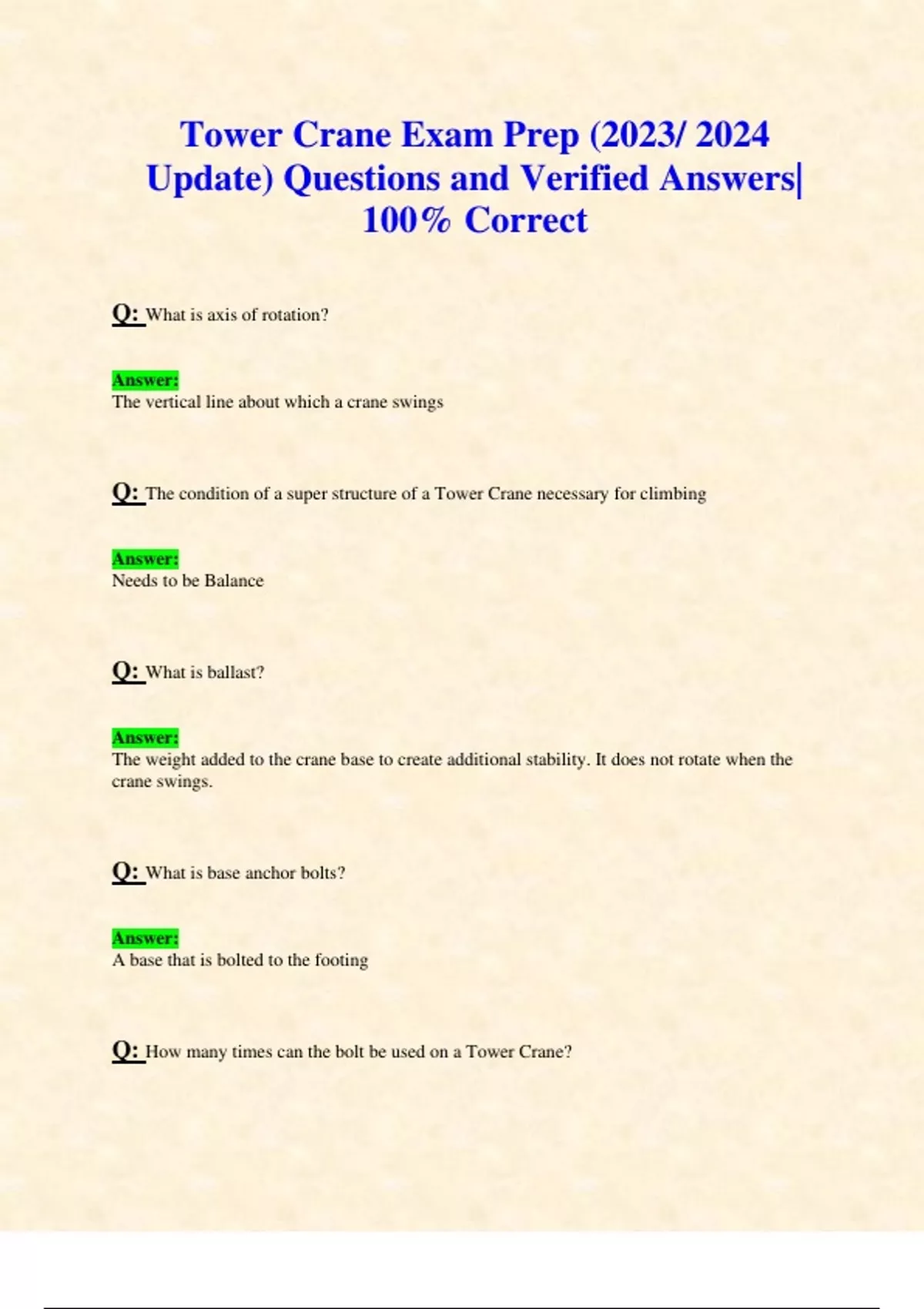 Tower Crane Exam Prep (2023/ 2024 Update) Questions and Verified Answers 100 Correct NCCCO