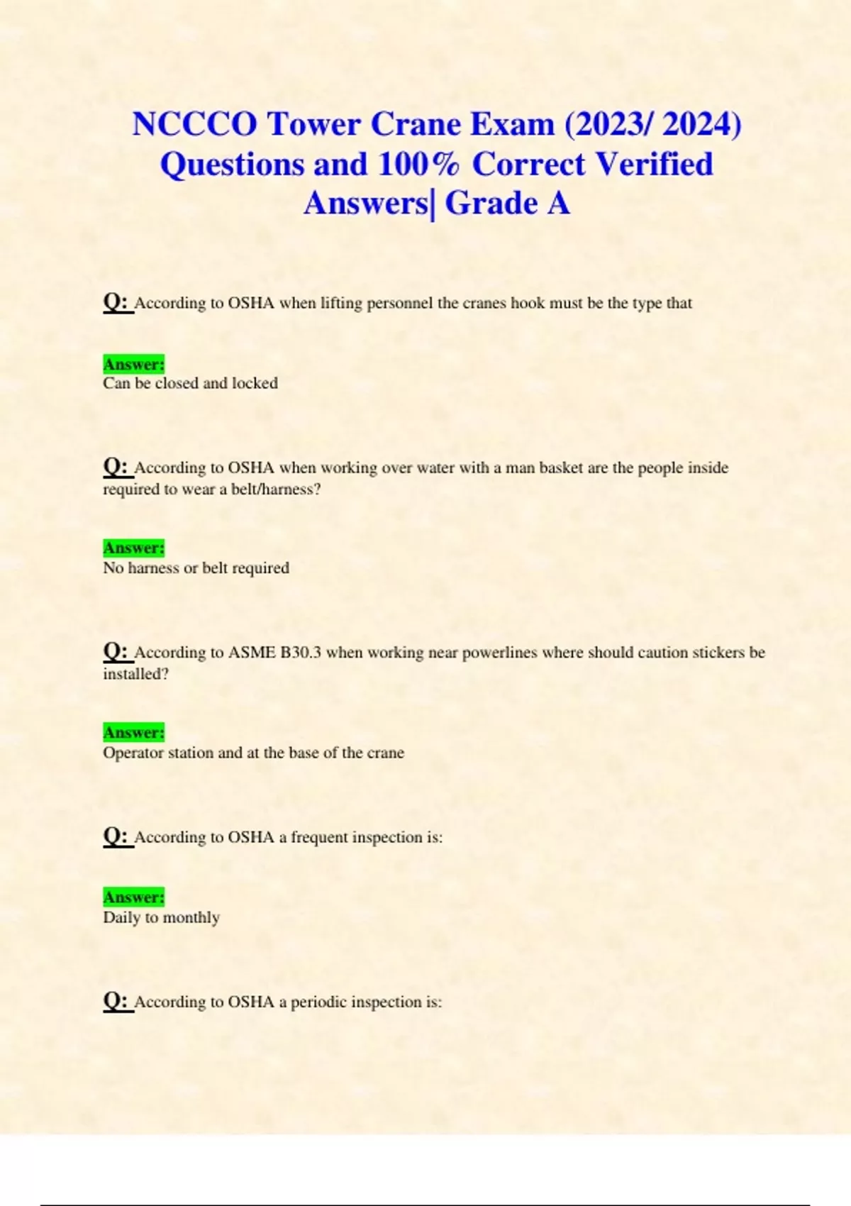 NCCCO Tower Crane Exam (2023/ 2024) Questions and 100 Correct Verified Answers Grade A NCCCO