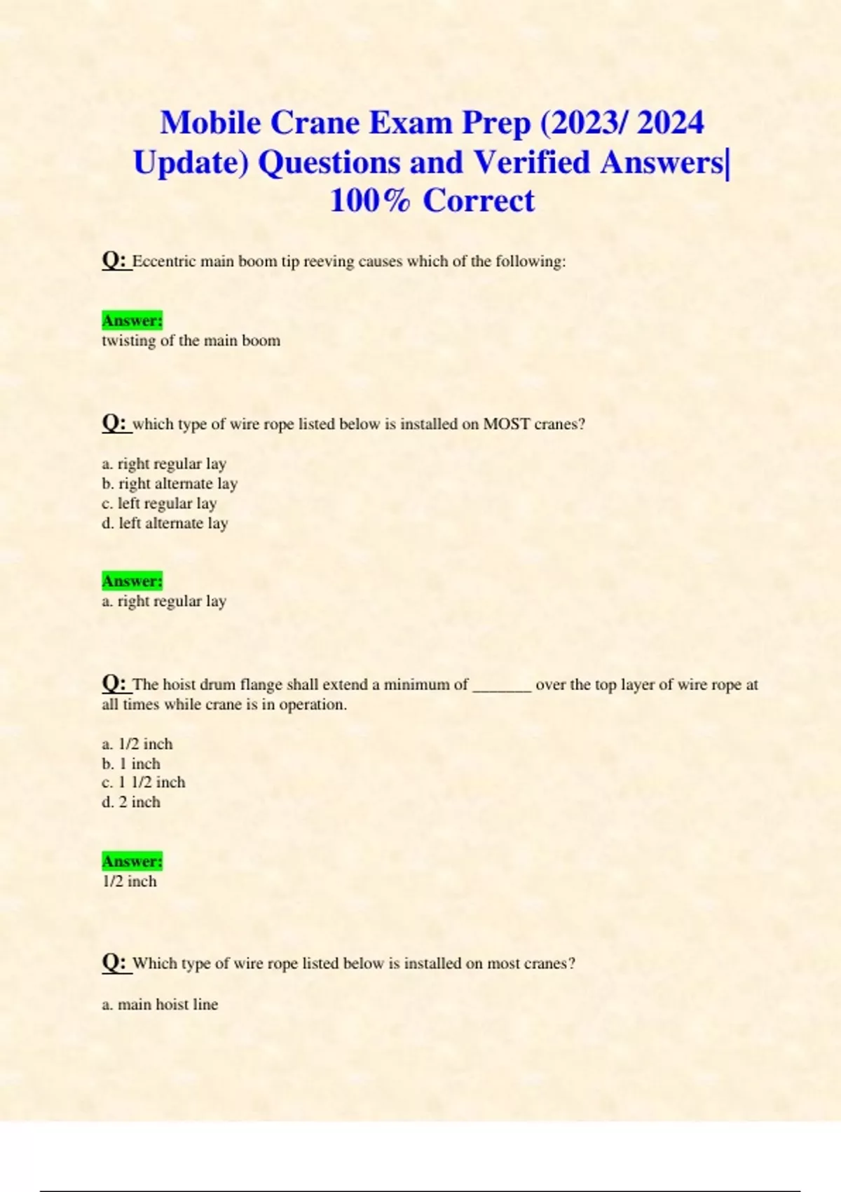 Mobile Crane Exam Prep (2023/ 2024 Update) Questions and Verified Answers 100 Correct NCCCO