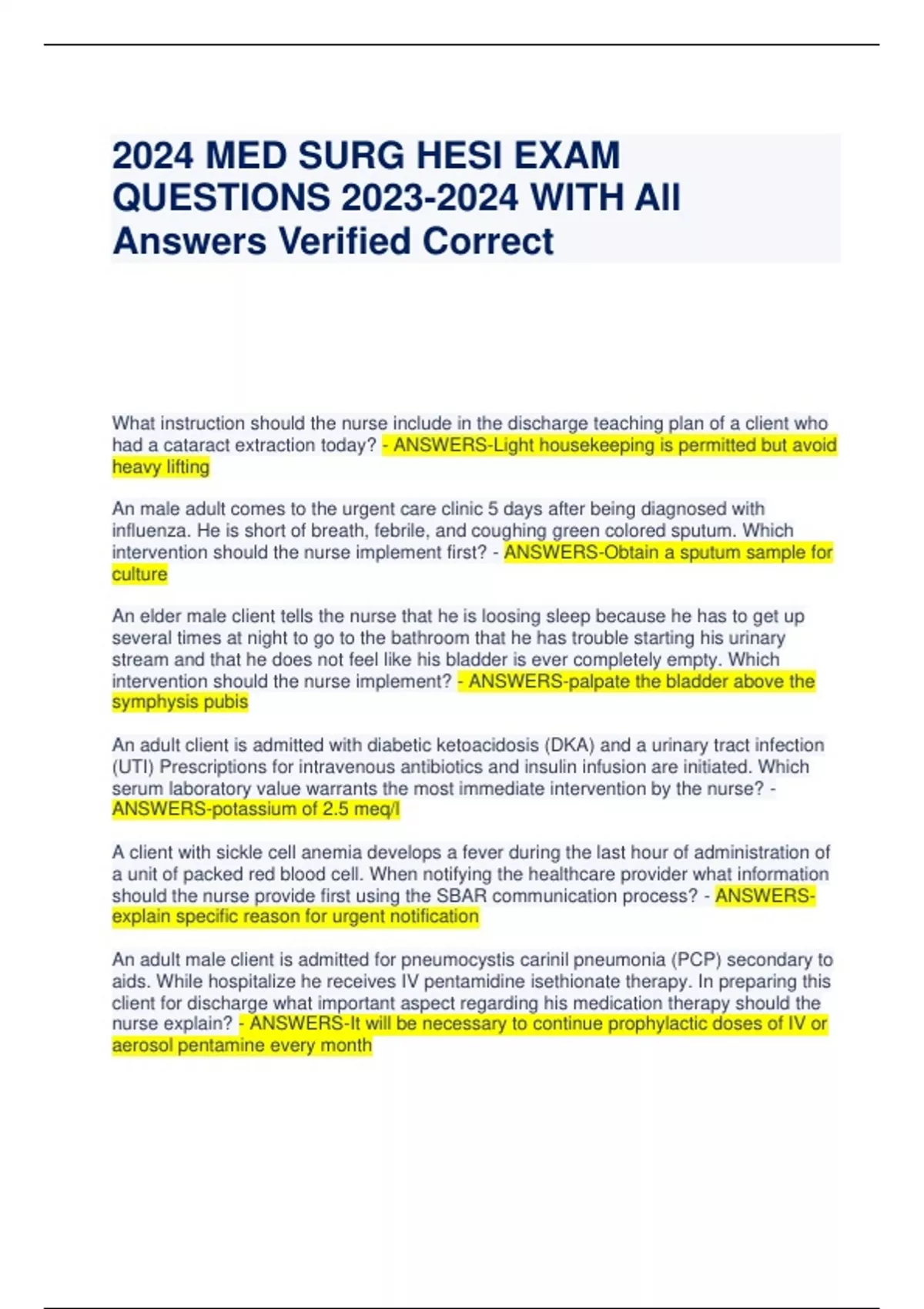 2024 MED SURG HESI EXAM QUESTIONS WITH All Answers Verified Correct ...