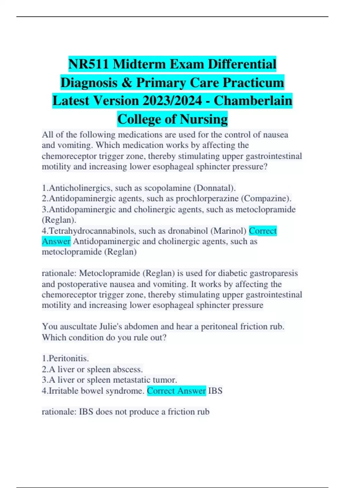 NR511 Midterm Exam Differential Diagnosis & Primary Care Practicum ...