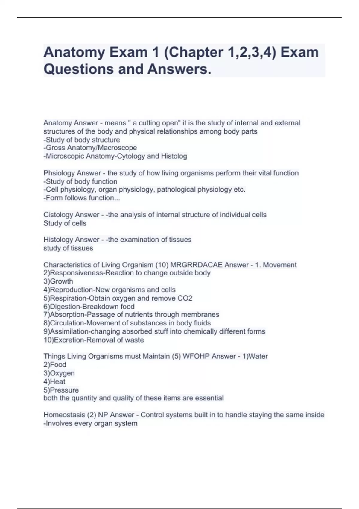 Anatomy Exam 1 (Chapter 1,2,3,4) Exam Questions and Answers. - Human ...