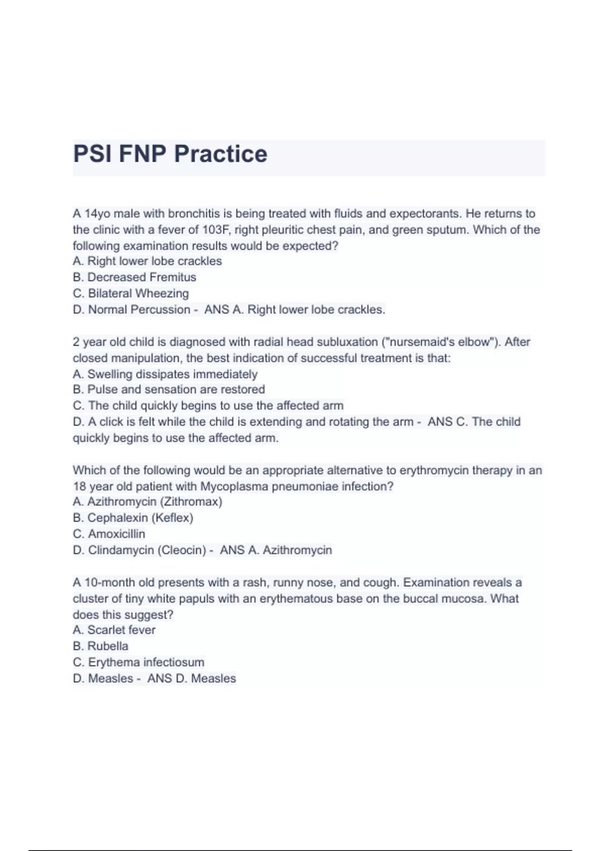 PSI FNP Practice Questions & Answers 2023/2024 Update (A+ GRADED ...