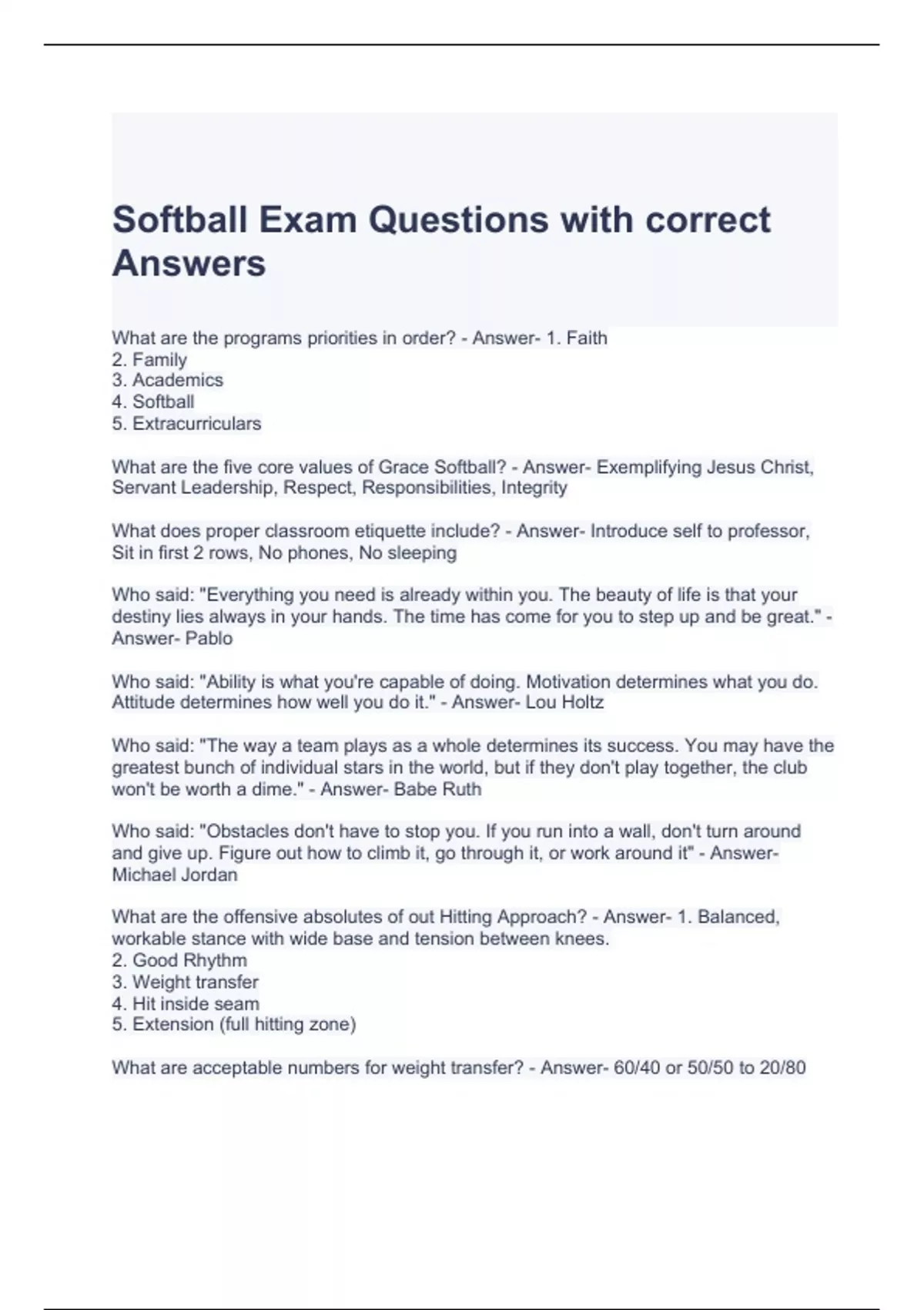 Softball Exam Questions with correct Answers Softball Stuvia US
