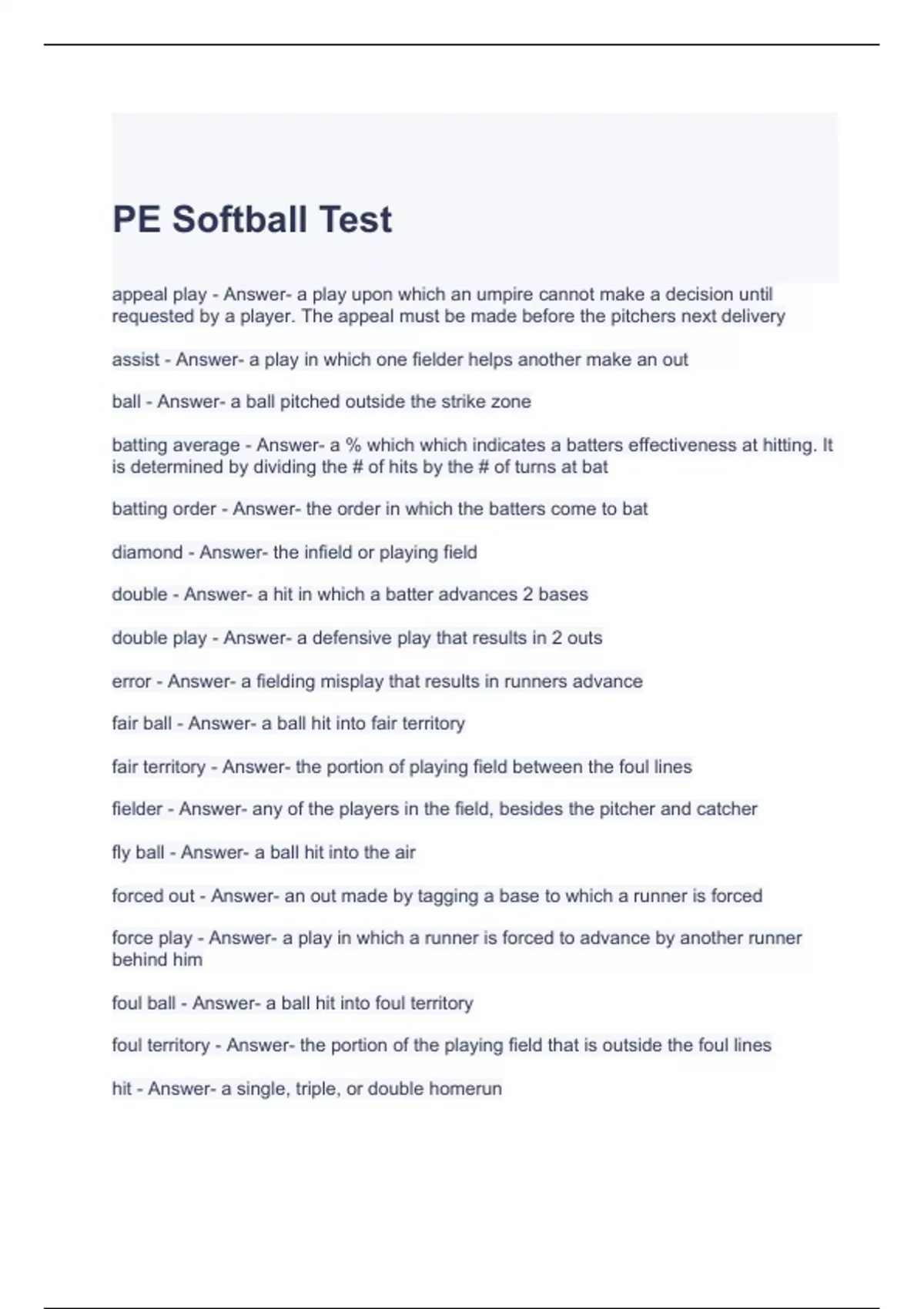 PE Softball Test Questions with correct Answers Softball Stuvia US