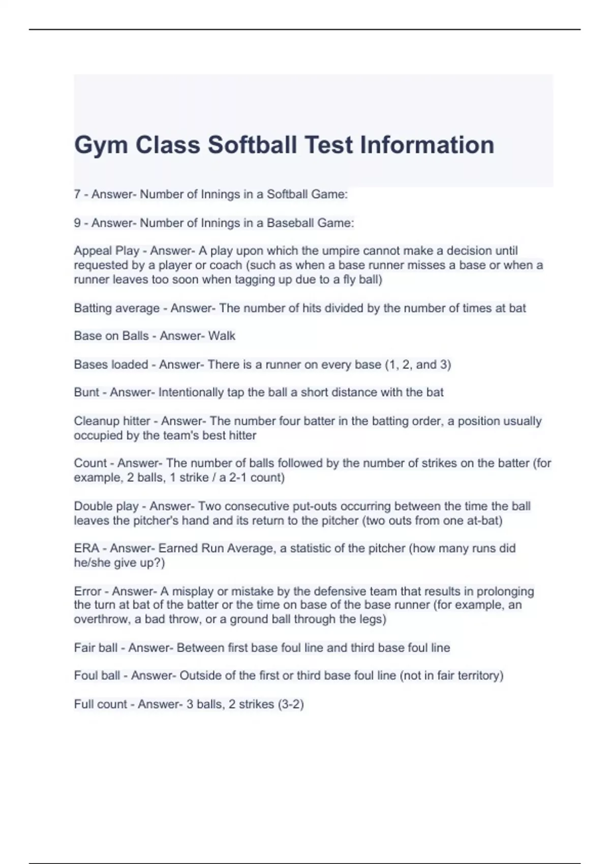 Gym Class Softball Test Information Questions and Answers Softball