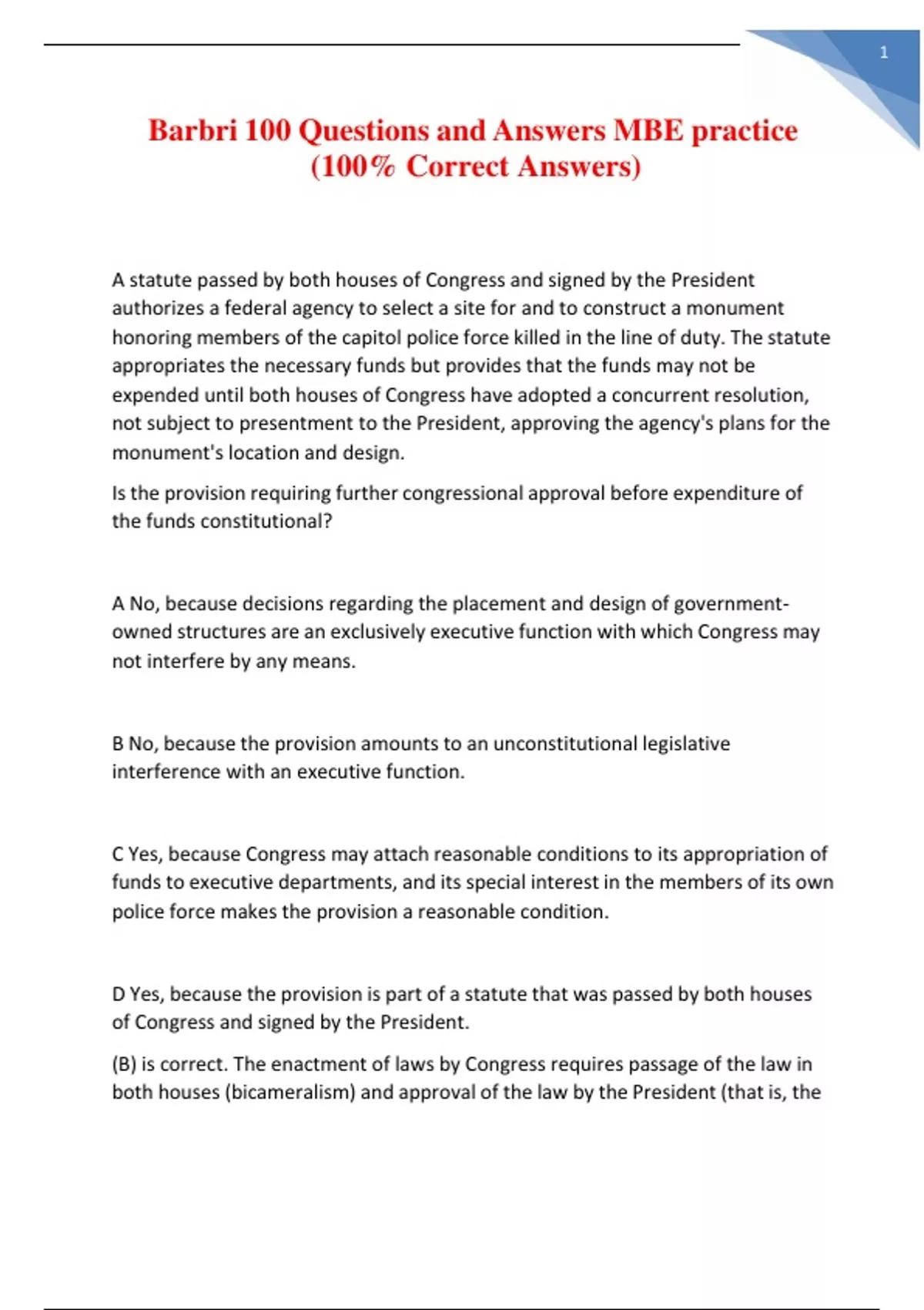 Barbri 100 Questions and Answers MBE practice (100 Correct Answers