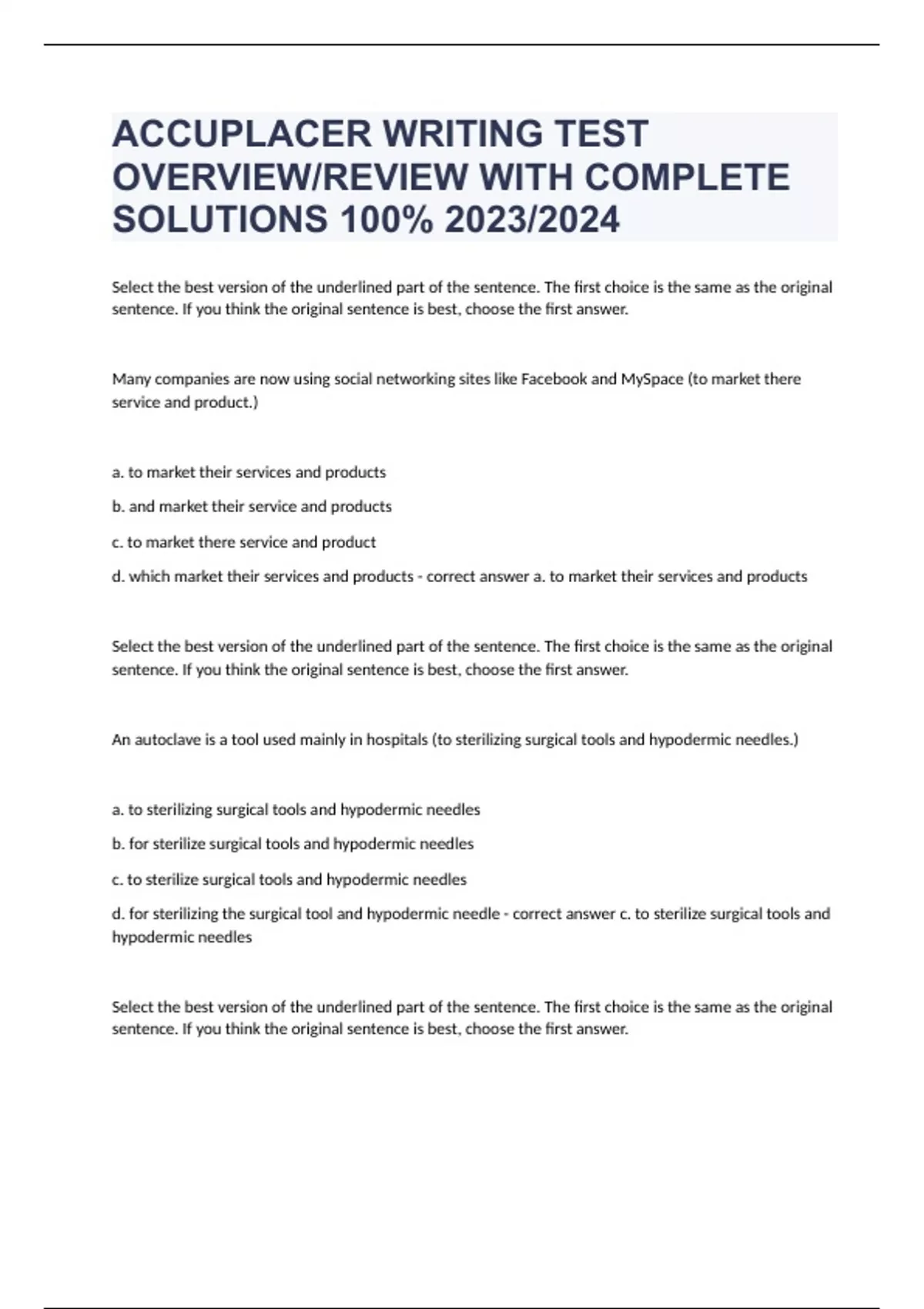 ACCUPLACER WRITING TEST OVERVIEW/REVIEW WITH COMPLETE SOLUTIONS 100