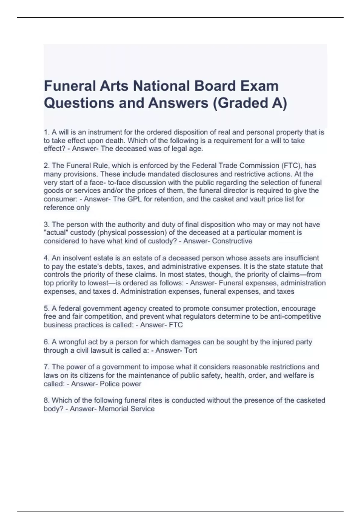 Funeral Arts National Board Exam Questions and Answers (Graded A