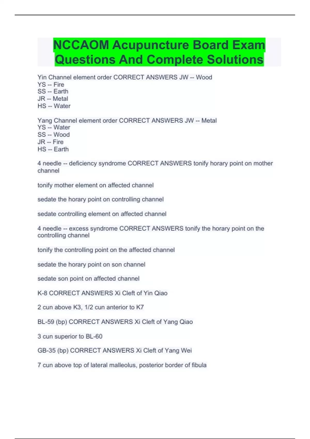 NCCAOM Acupuncture Board Exam Questions And Complete Solutions NCCAOM