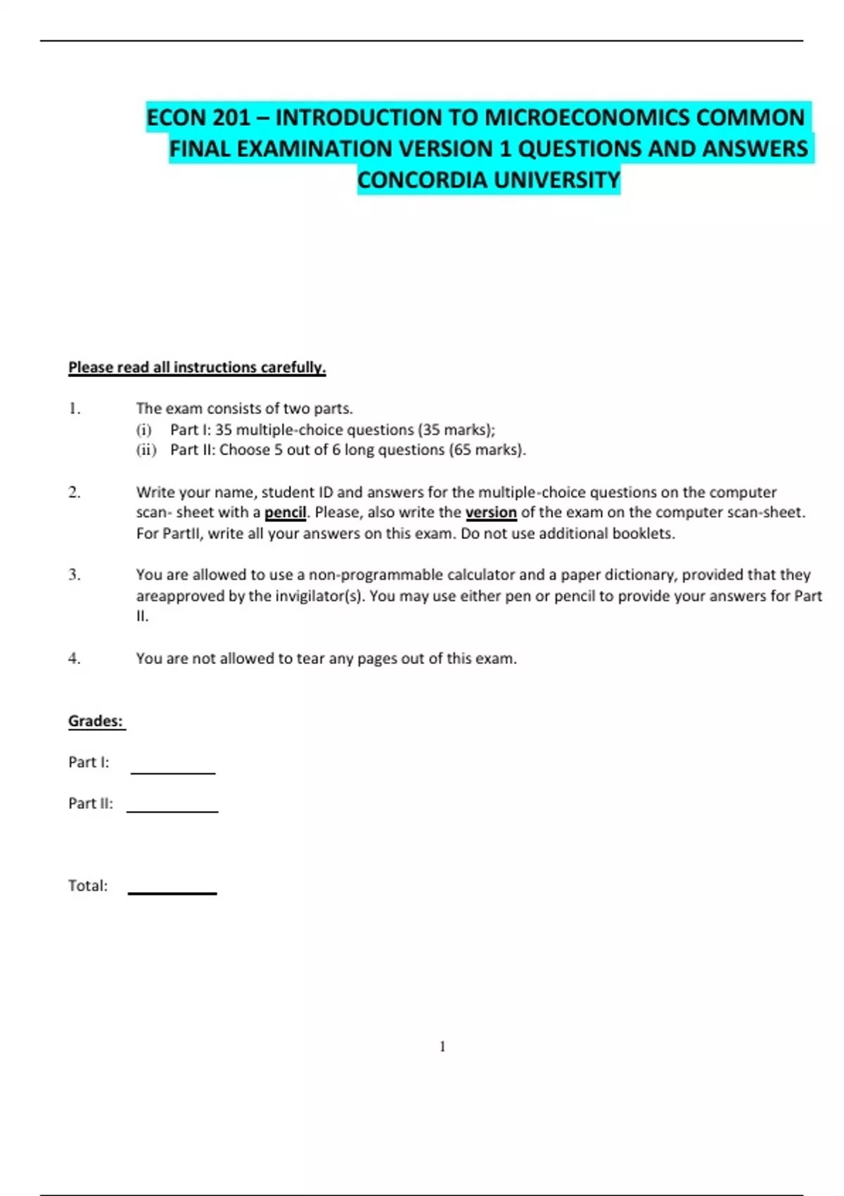 ECON 201 – INTRODUCTION TO MICROECONOMICS COMMON FINAL EXAMINATION ...