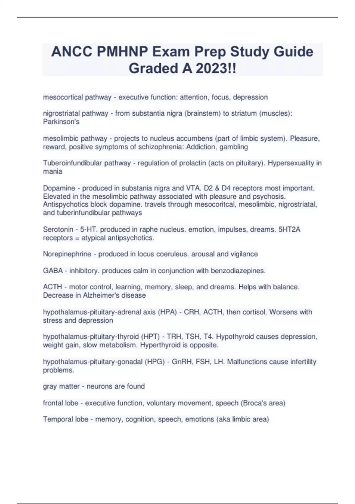 ANCC PMHNP Exam Prep Study Guide Graded A 2023!! Stuvia US
