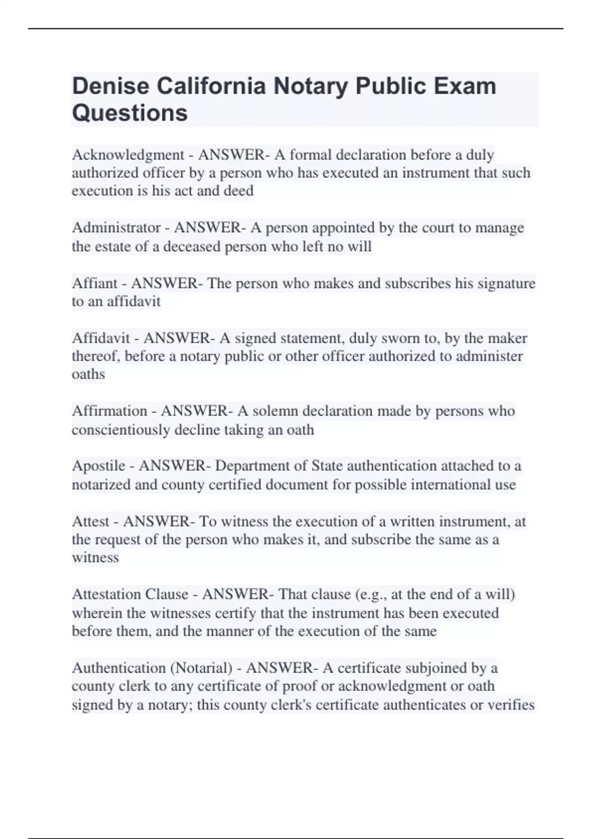 Denise California Notary Public Exam Questions LATEST UPDATE Stuvia US