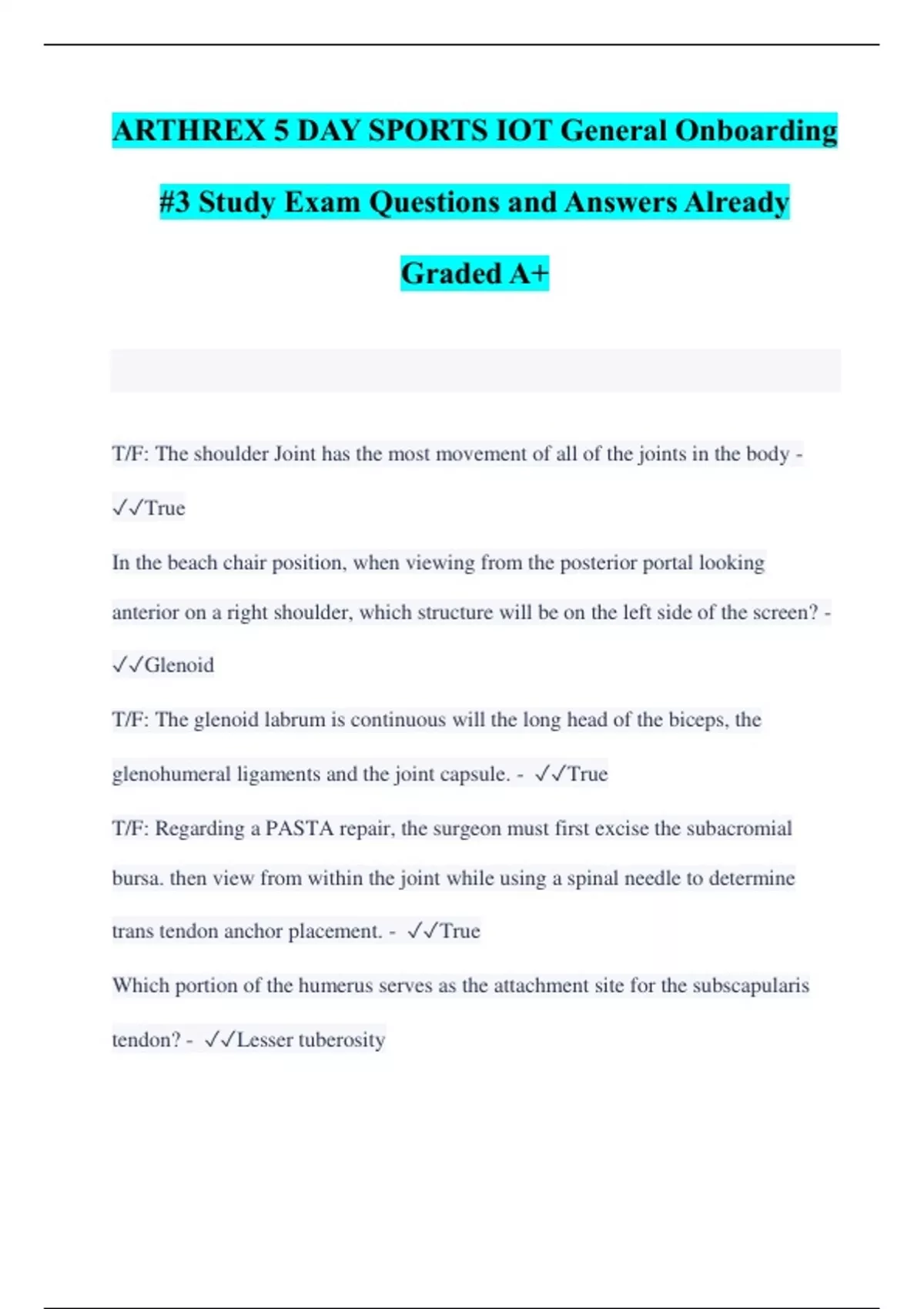 ARTHREX 5 DAY SPORTS IOT General Onboarding 2 Study Exam Questions and