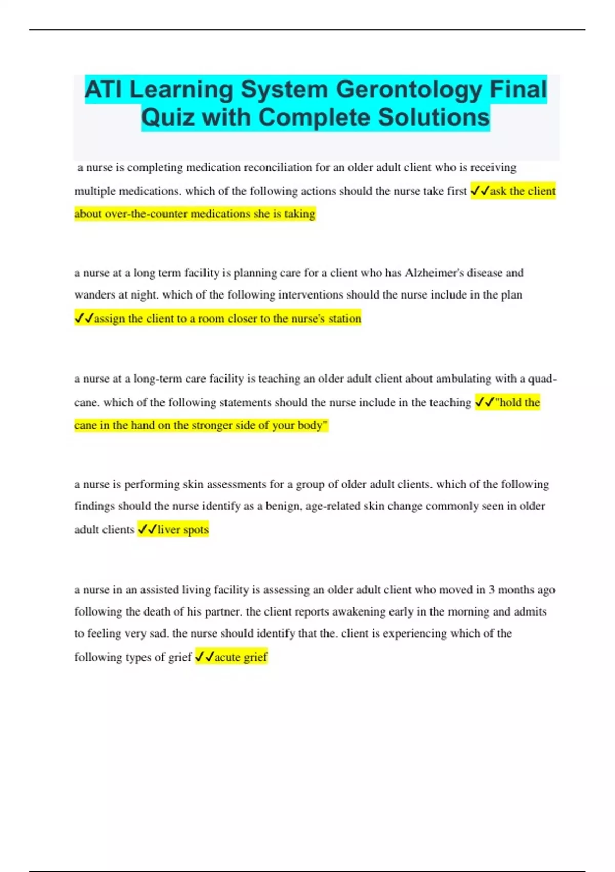 Ati learning system gerontology final quiz with complete solutions