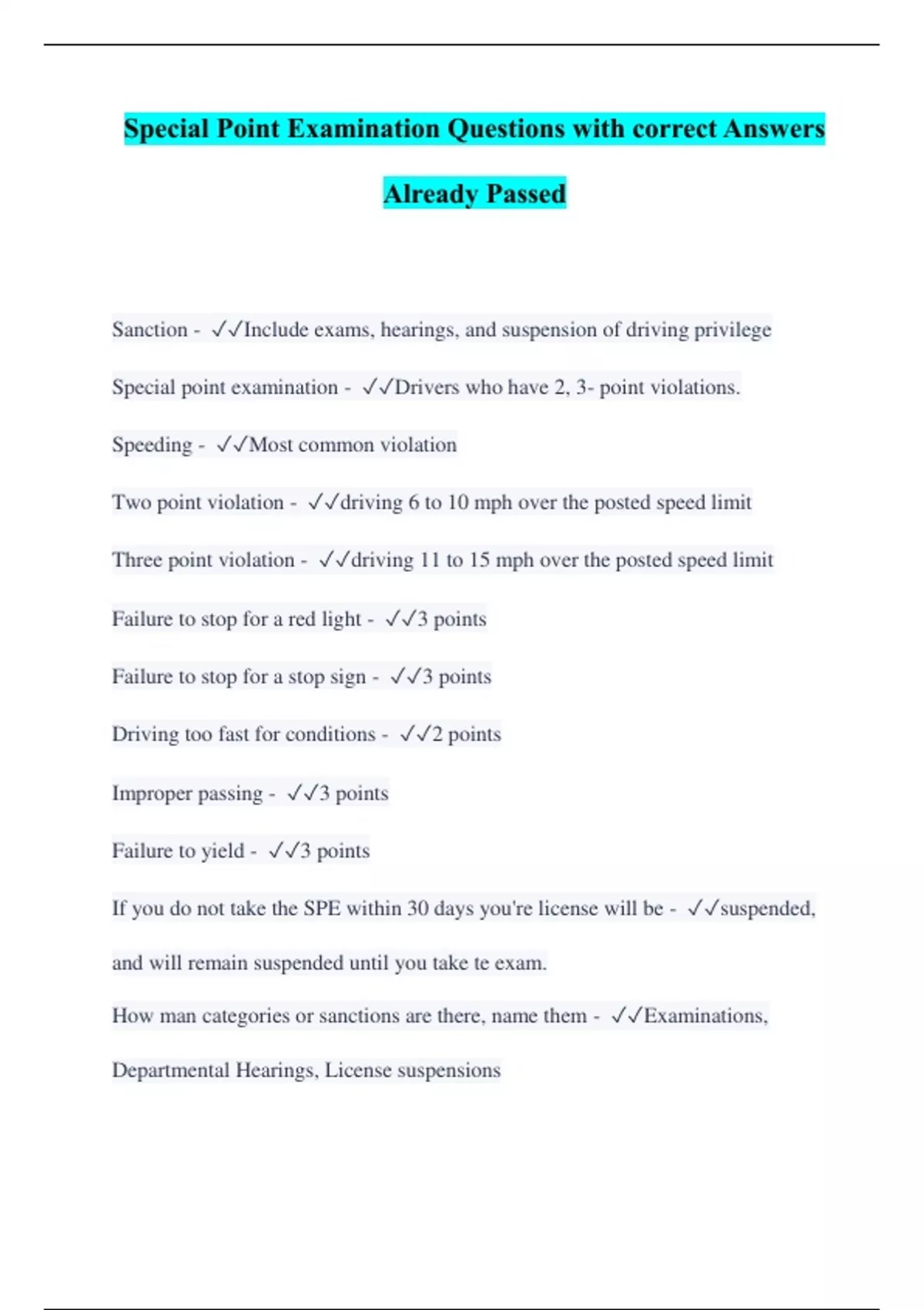 Special Point Examination Questions with correct Answers Already Passed ...
