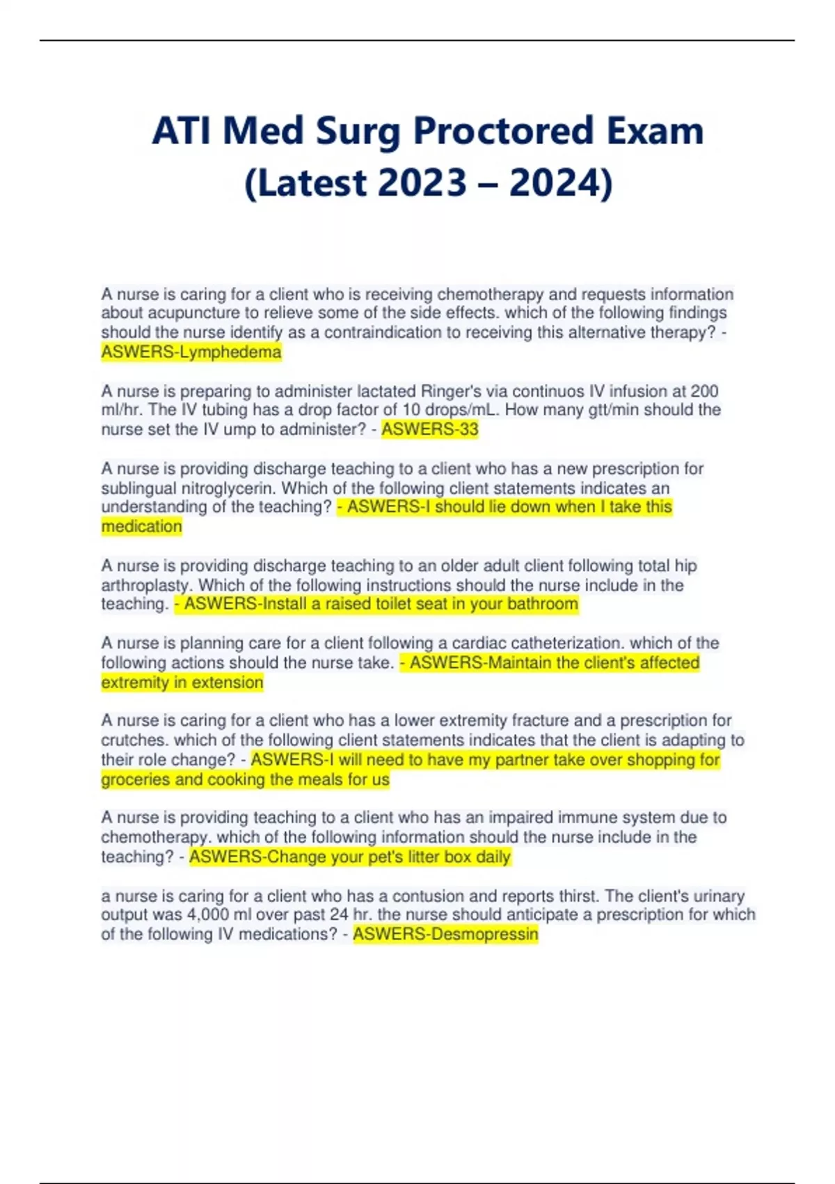 ATI Med Surg Proctored Exam (Latest 2023 – 2024) - ATI Med Surg - Stuvia US